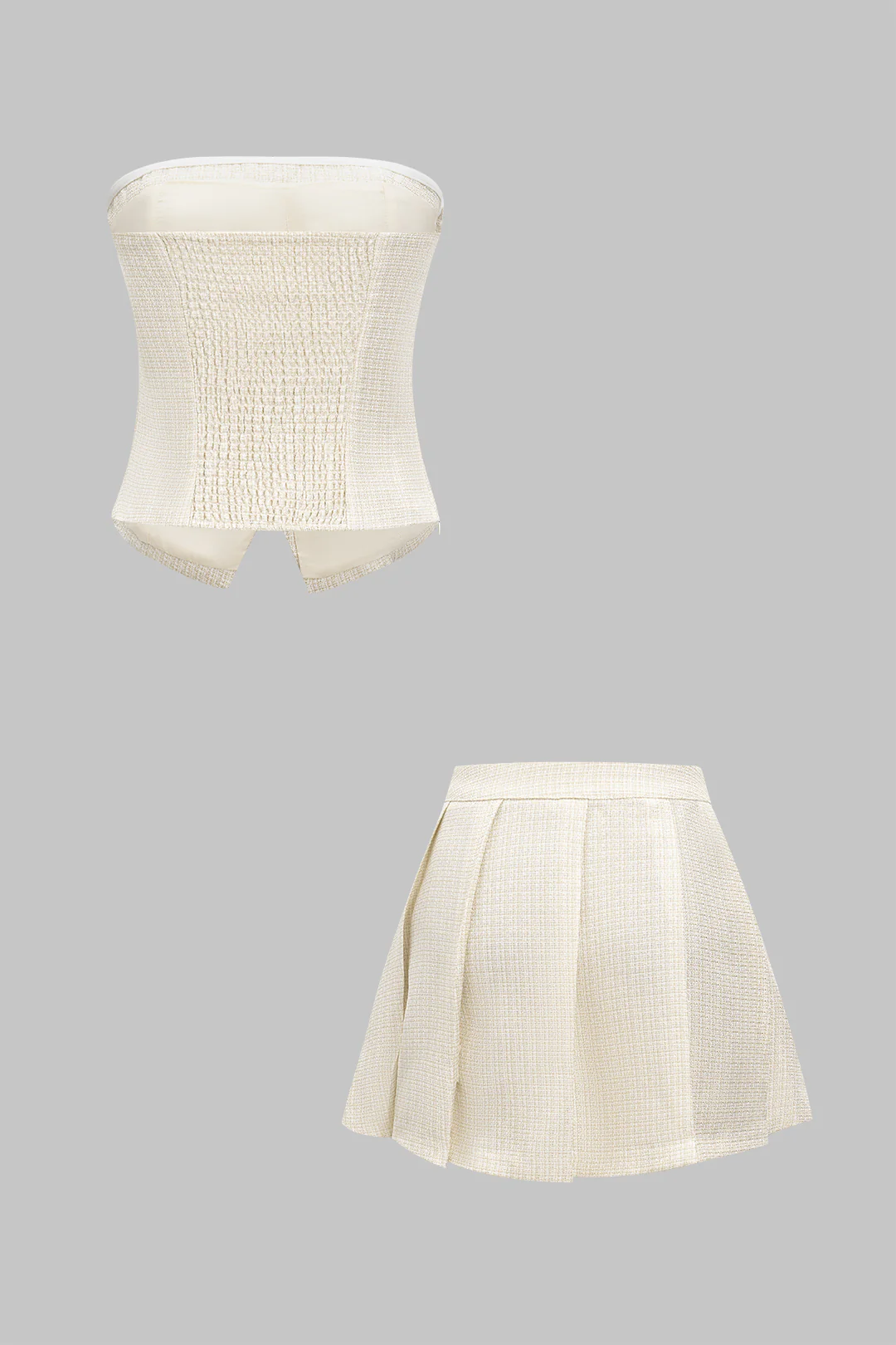 Pearl Button Tube Top And Pleated Skirt Set - Weenar
