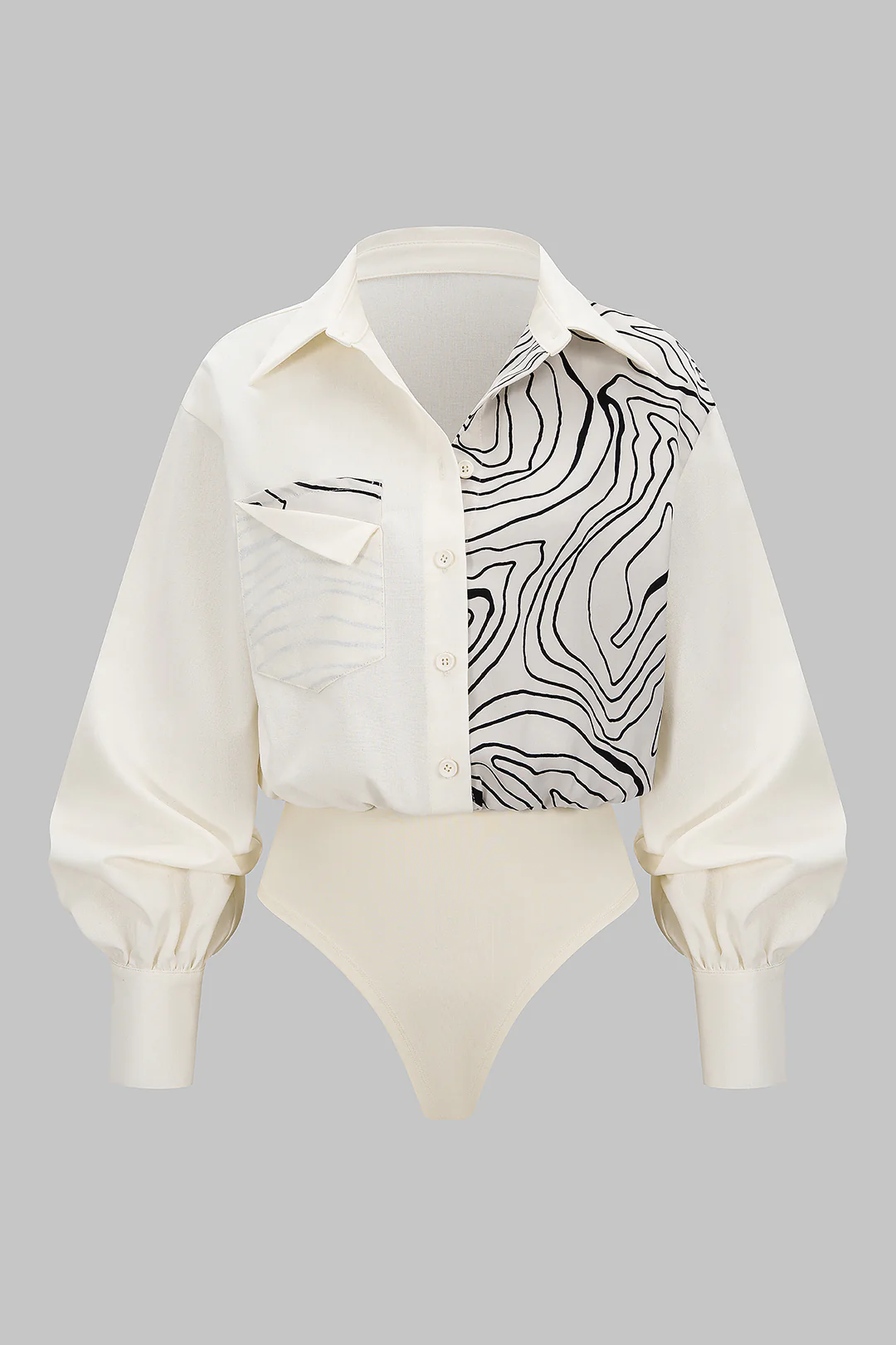 Abstract Print Patchwork Button Pocket Long Sleeve Bodysuit - Weenar