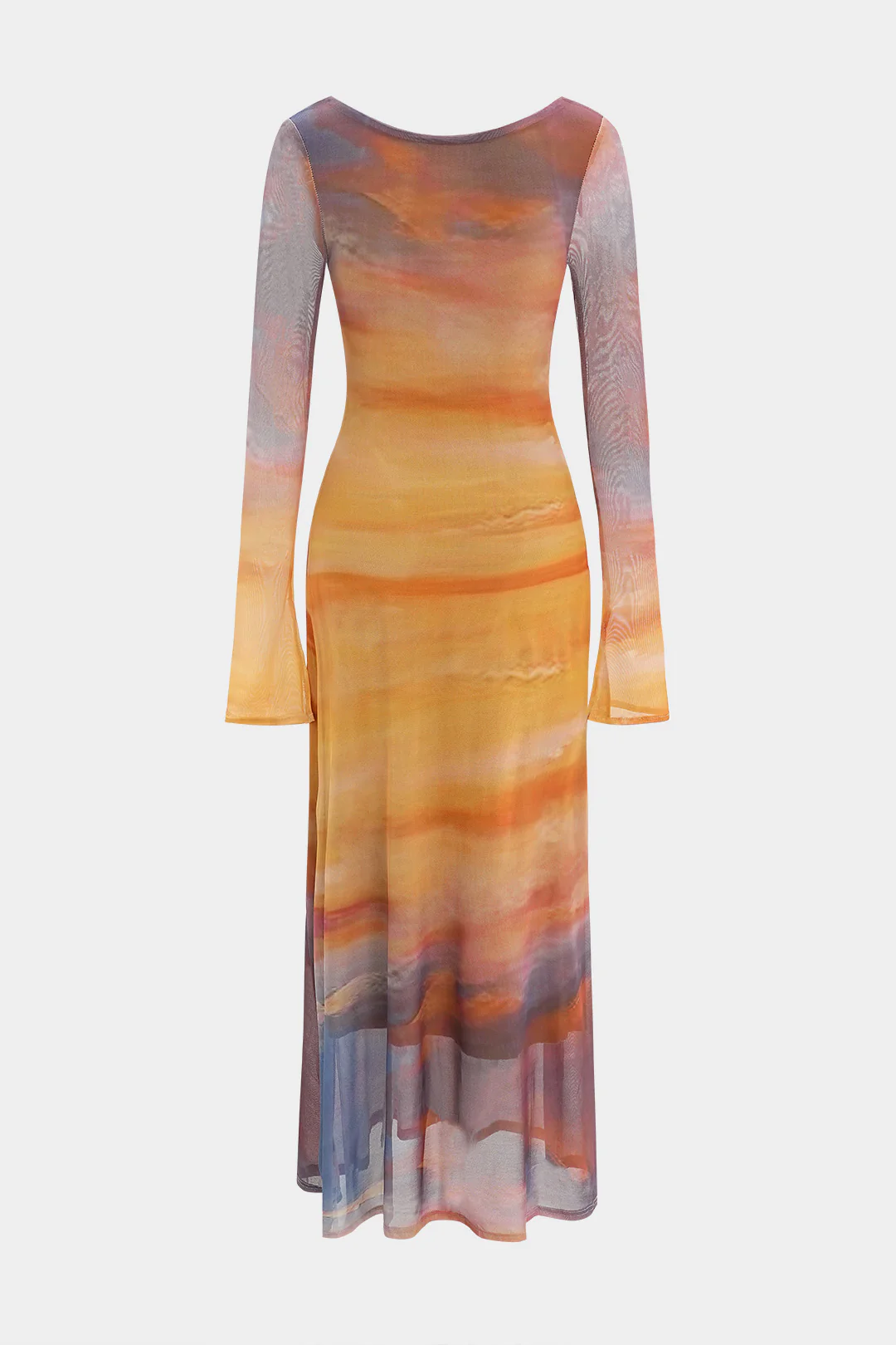 Tie Dye Print Mesh Ruched Long Sleeve Maxi Dress - Weenar