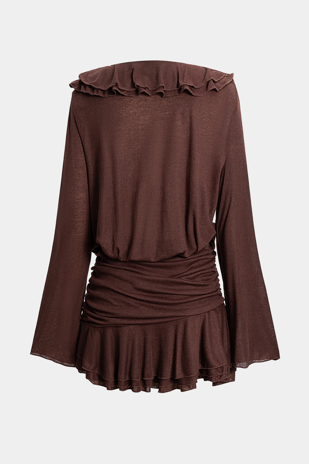 Solid Ruffel Ruched V-Neck Long Sleeve Mini Dress - Weenar