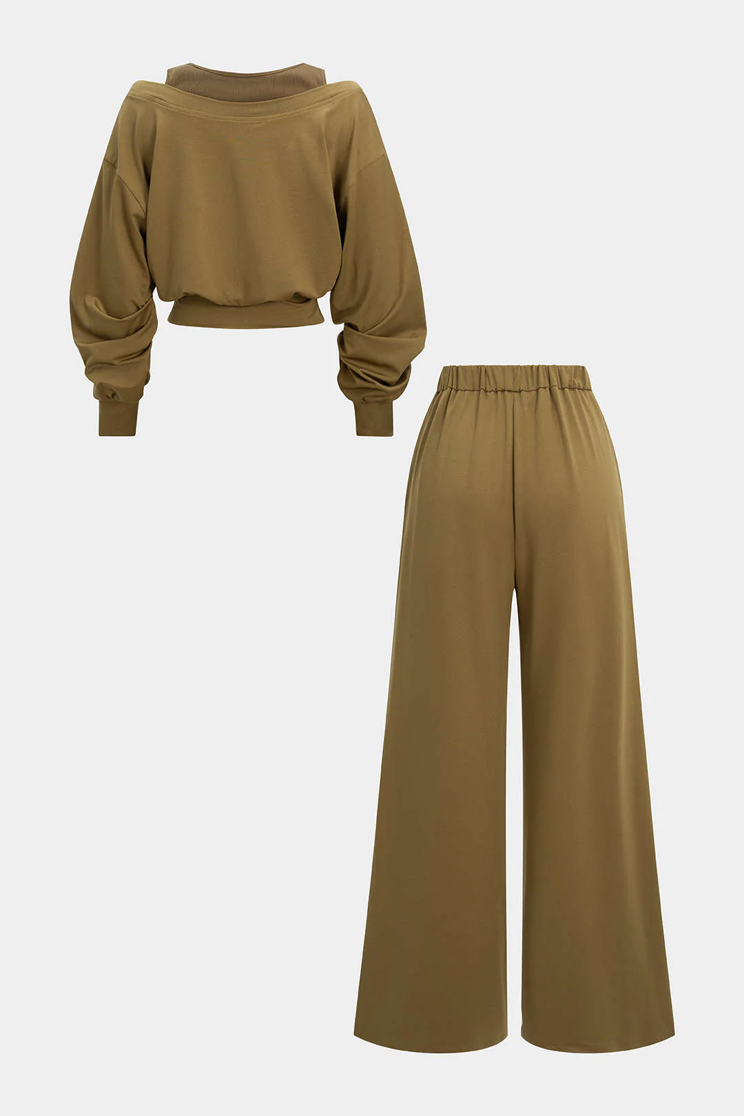 Cut Out Long-Sleeve Top And High Waist Wide Leg Trousers Set - Weenar