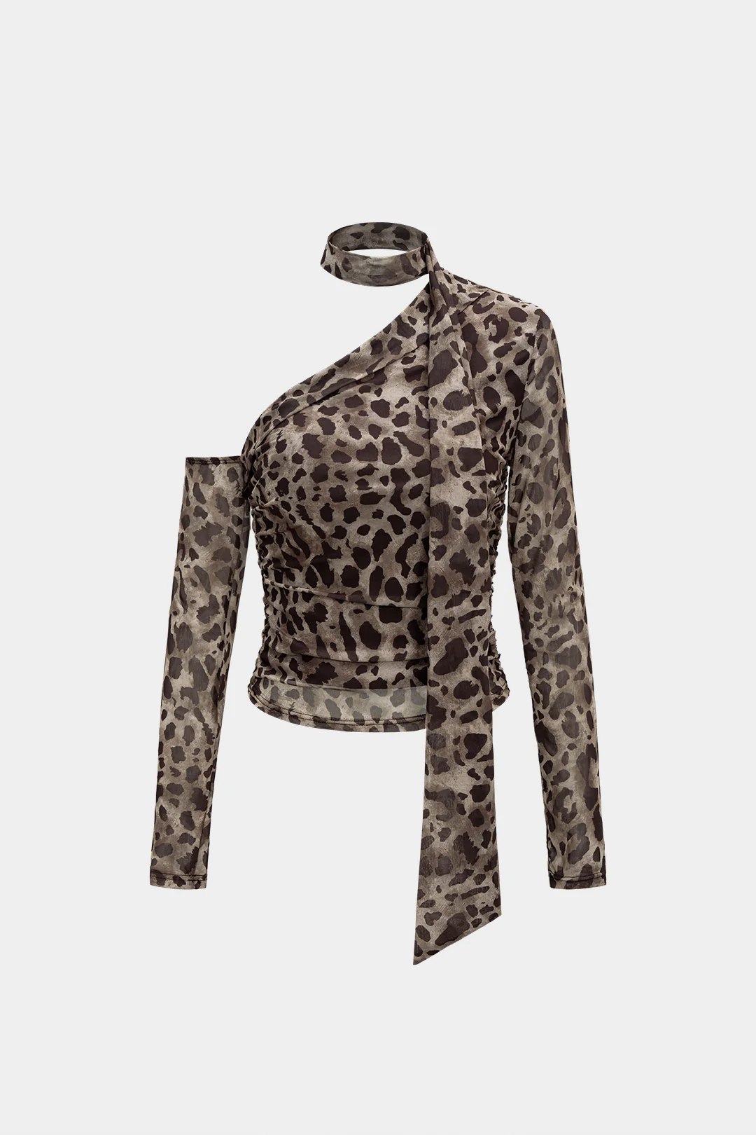 Mesh Leopard Print Asymmetrical Long-Sleeve Top - Weenar