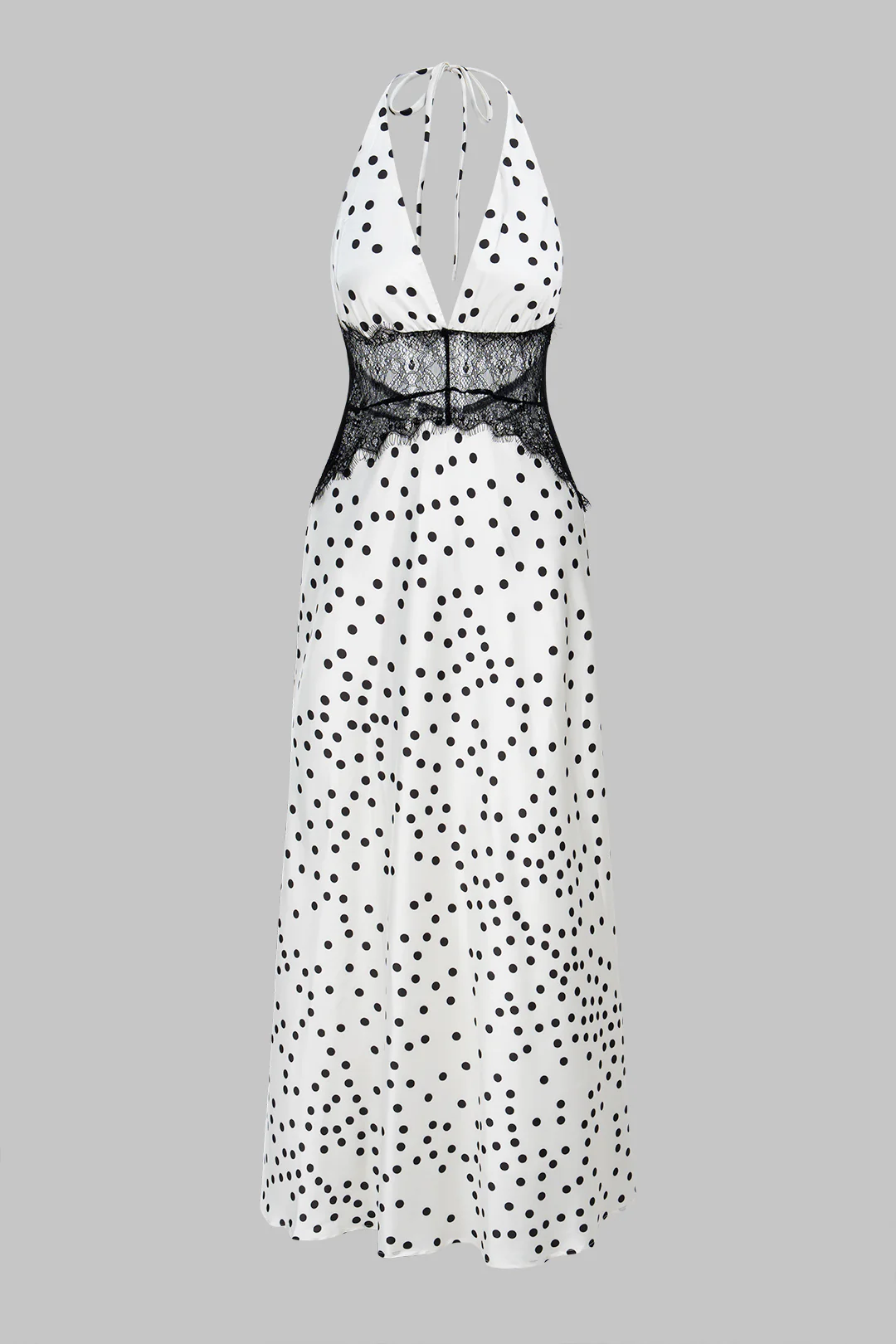 Polka Dots Print Satin Patchwork Lace Halter V-Neck Backless Sleeveless Maxi Dress - Weenar