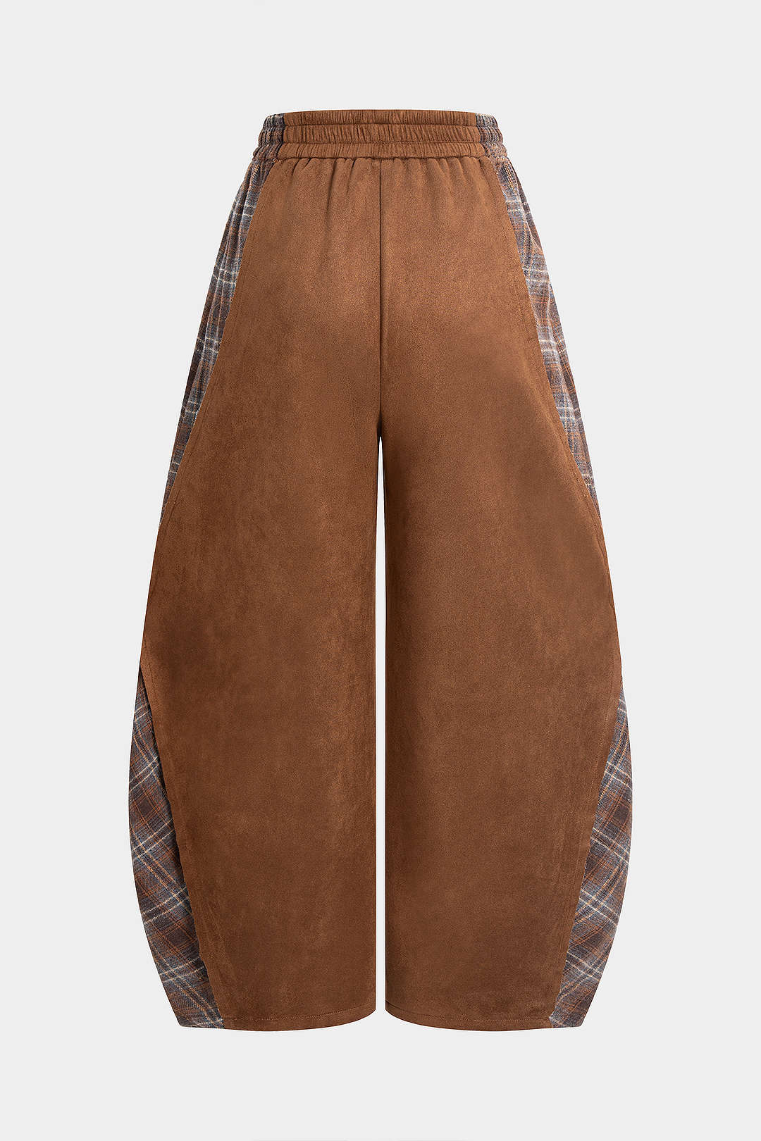 Plaid Print Suede Patchwork Shirred Waistband Pants - Weenar