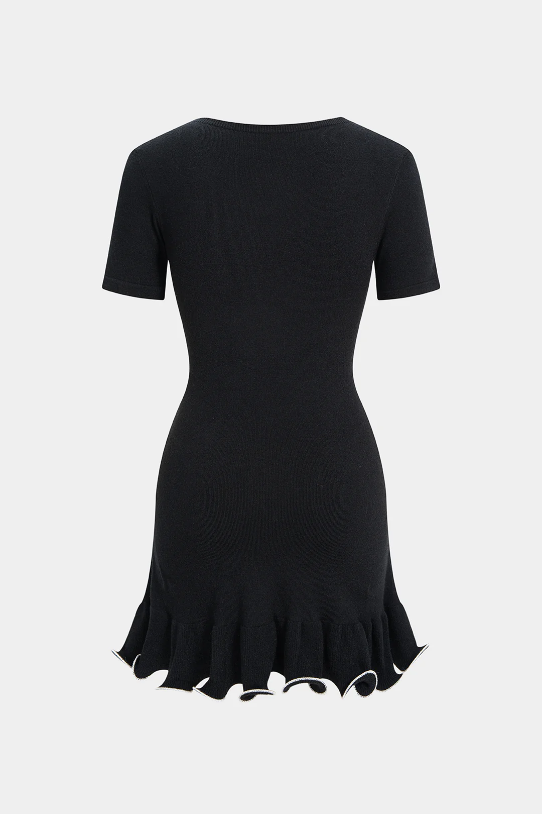 Knit Round Neck Contrast Binding Ruched Short Sleeve Dress - Weenar