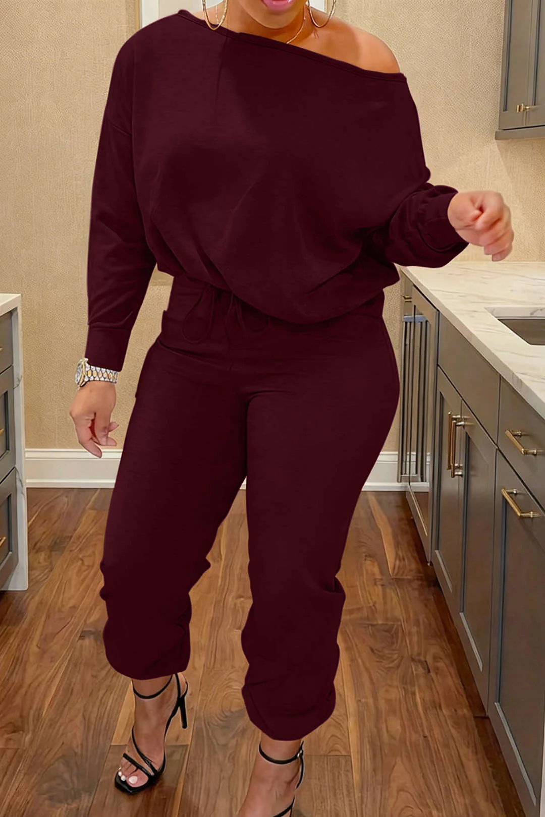 Plus Size Off-Shoulder Long-Sleeve Top And Drawstring Pants Set - Weenar