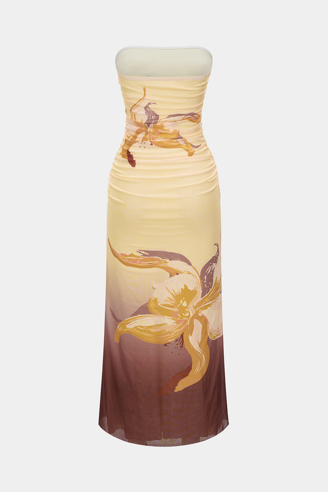 Floral Print Mesh Ruched Strapless Sleeveless Midi Dress - Weenar