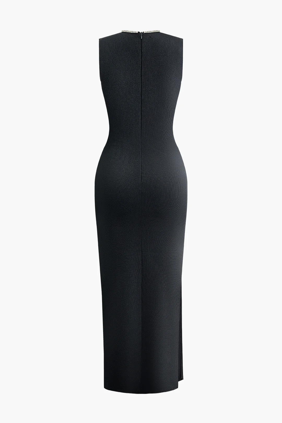 Knit Rhinestone Decor Round Neck High Slit Sleeveless Dress - Weenar