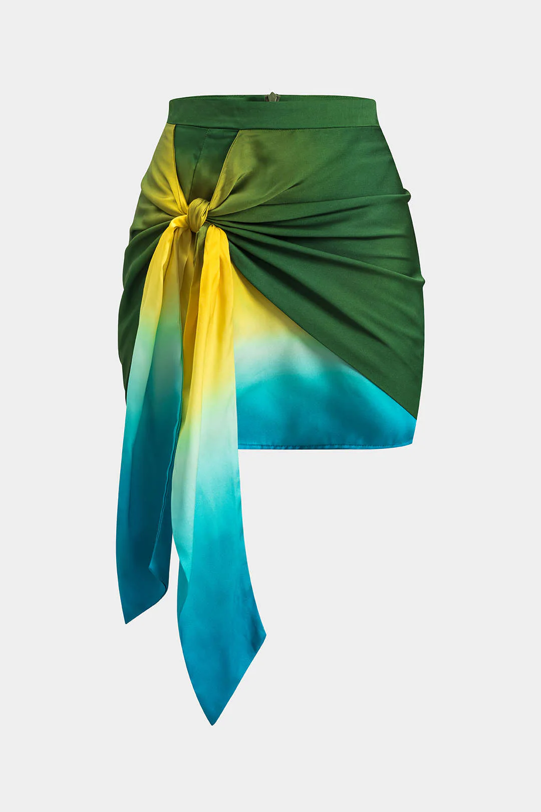 Ombre Print Satin Ruched Tie Front Zipper Skirt - Weenar