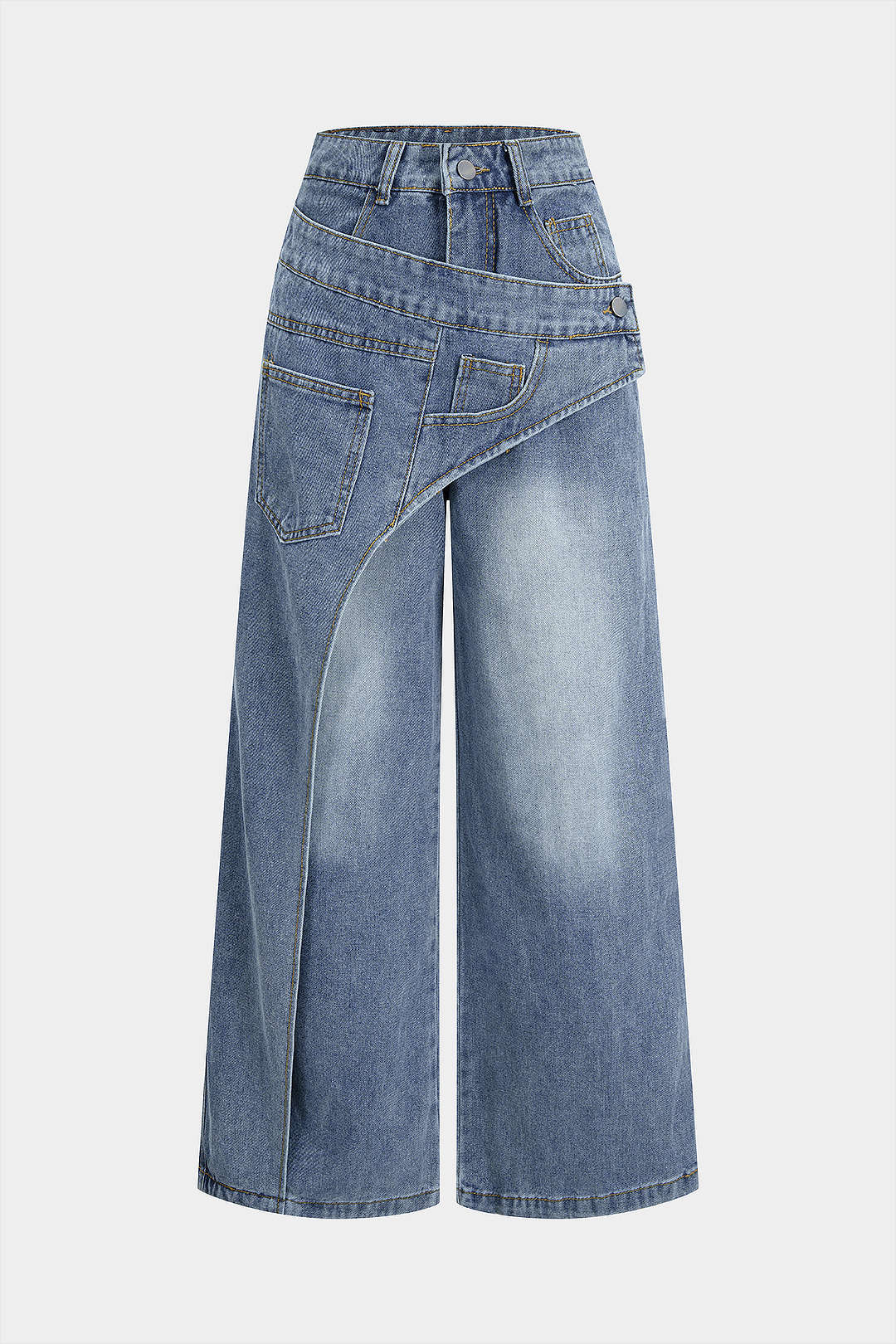 Denim Button Zipper Pocket Straight Leg Jeans - Weenar