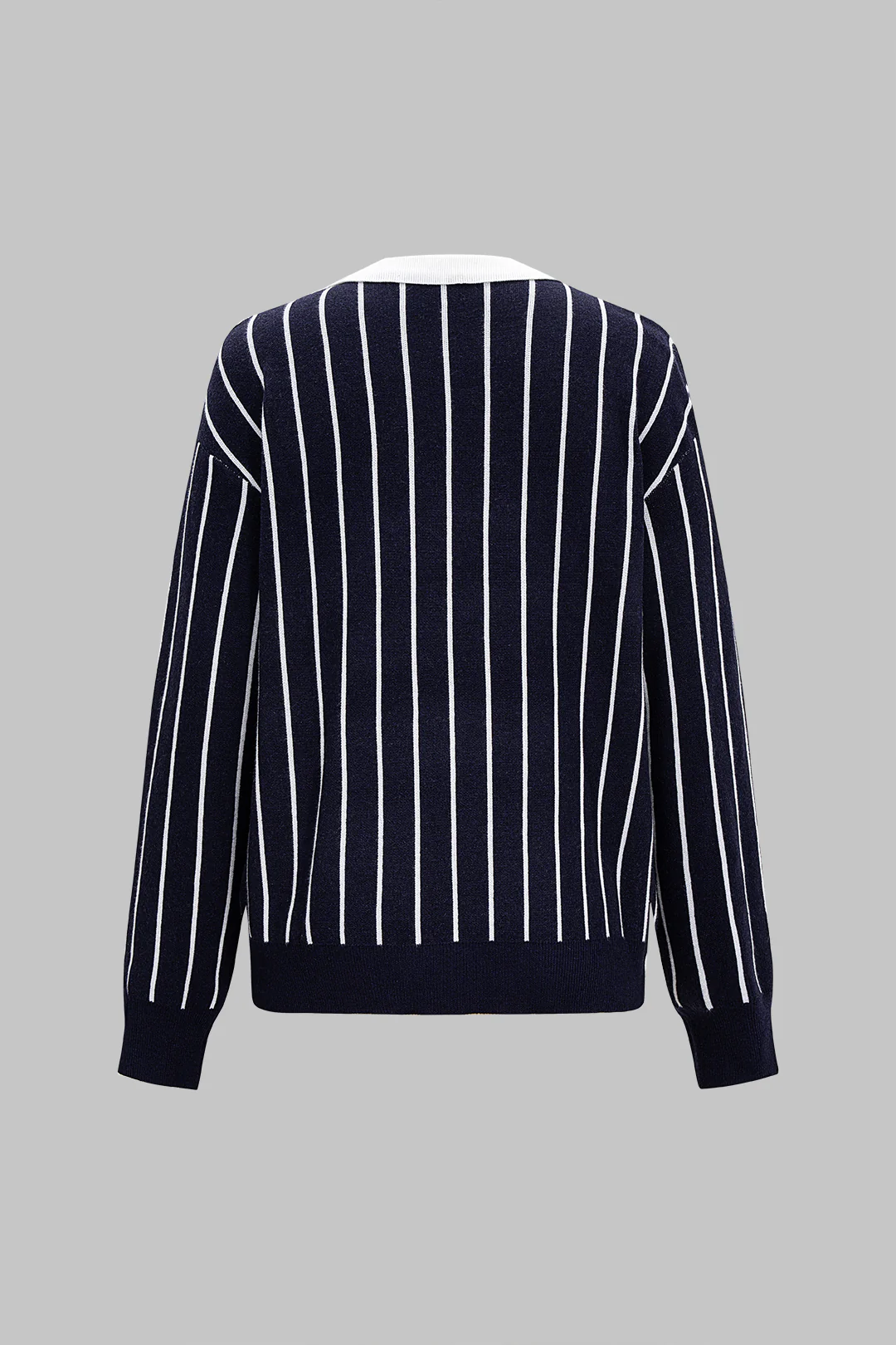 Knit Stripes Print Collar Long-Sleeve Top - Weenar