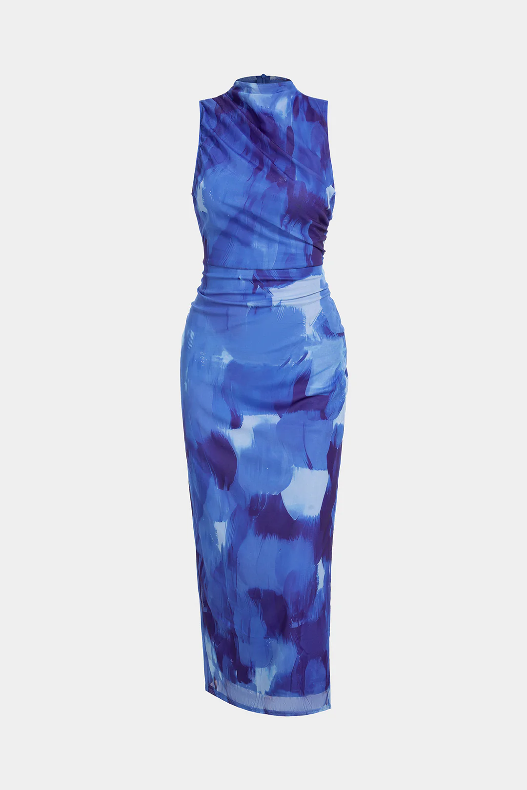 Artistic Print Mock Neck Ruched Sleeveless Maxi Dress - Weenar