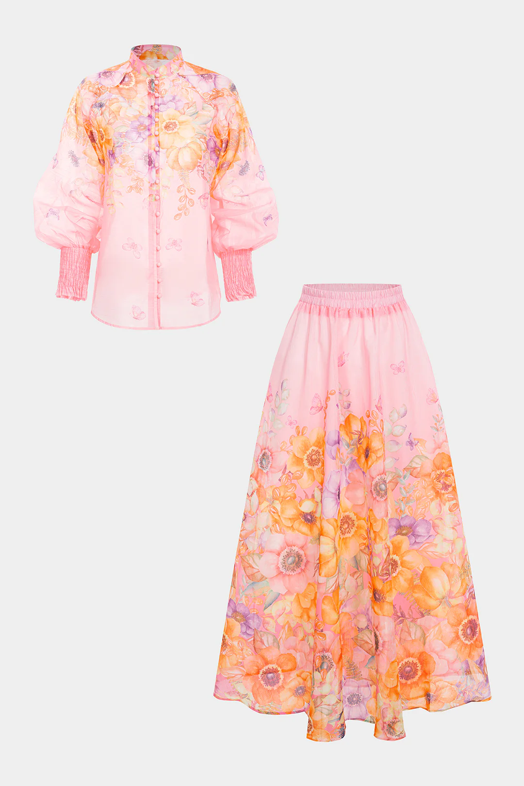 Floral Print Stand Collar Lantern Long Sleeve Shirt And Ruched High Waist Skirt Set - Weenar