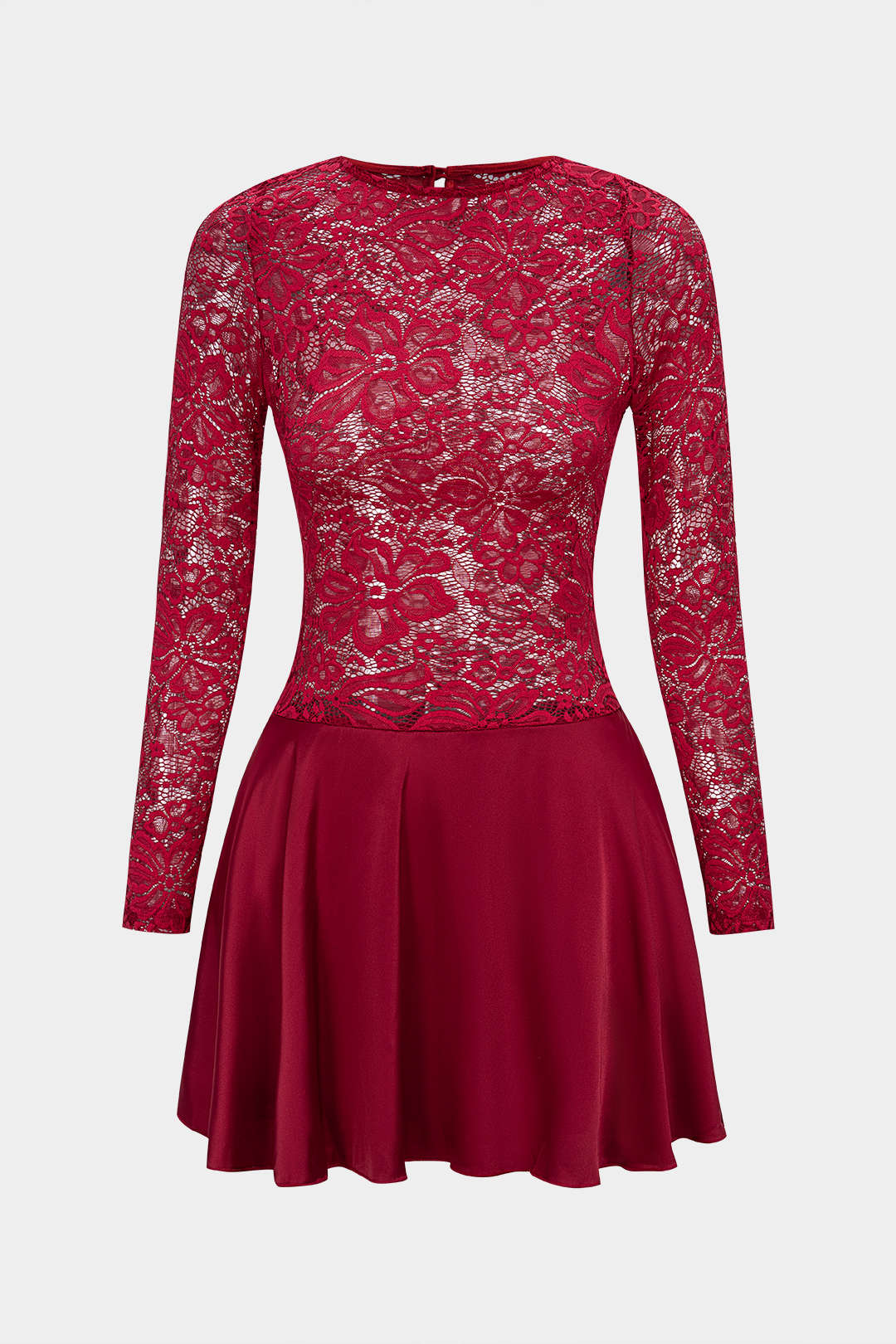 Lace Patchwork Satin Cut Out Long Sleeve Mini Dress - Weenar