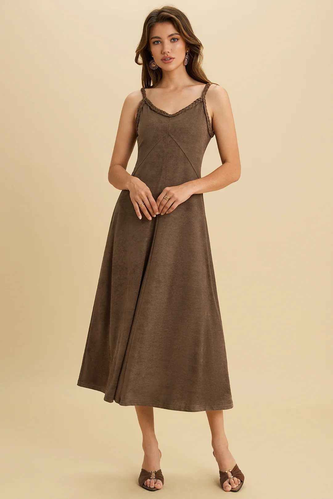 Suede Twist Knot Ruched Sleeveless Dress - Weenar