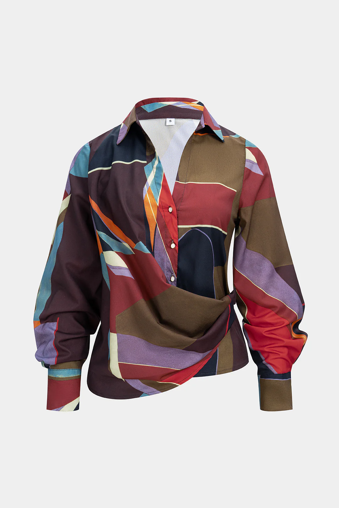 Contrast Geometric Print Button Ruched Long-Sleeve Shirt - Weenar