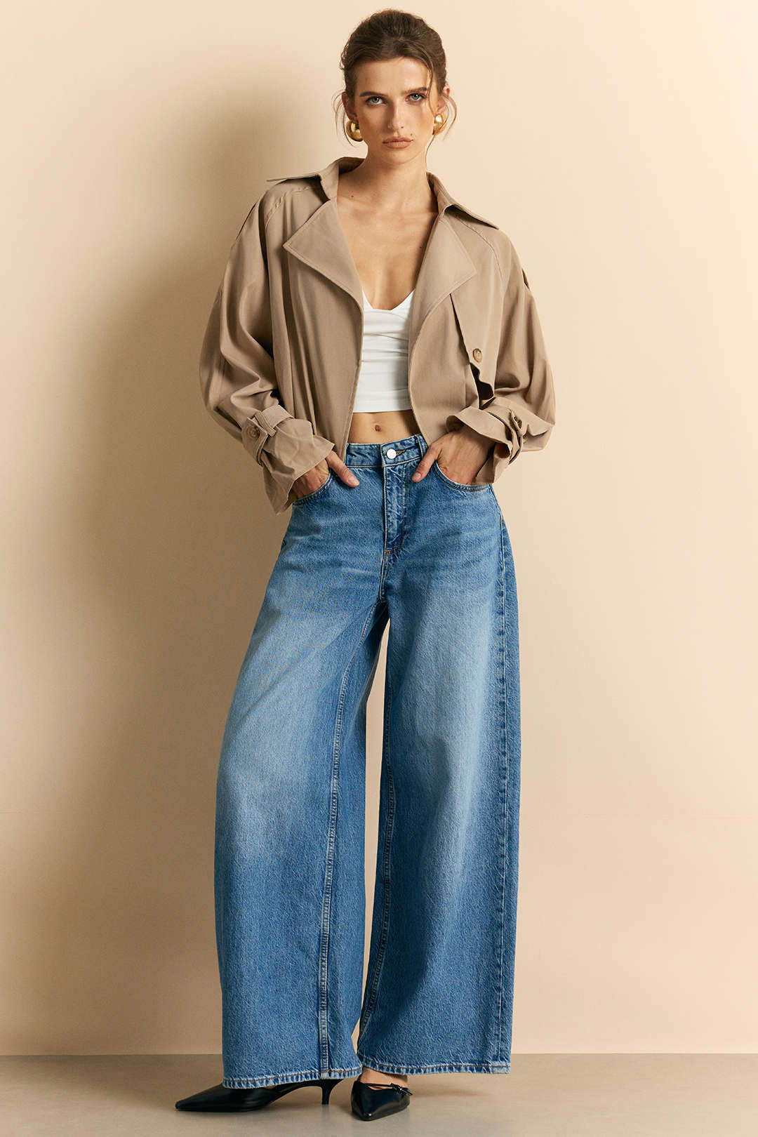 Notched Lapel Button Belts Cropped Jacket - Weenar