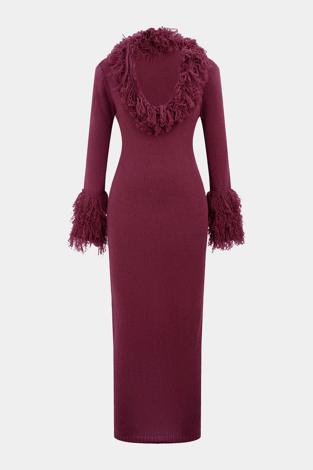 Knit Fringe Trim Deep V-Neck Long Sleeve Dress - Weenar