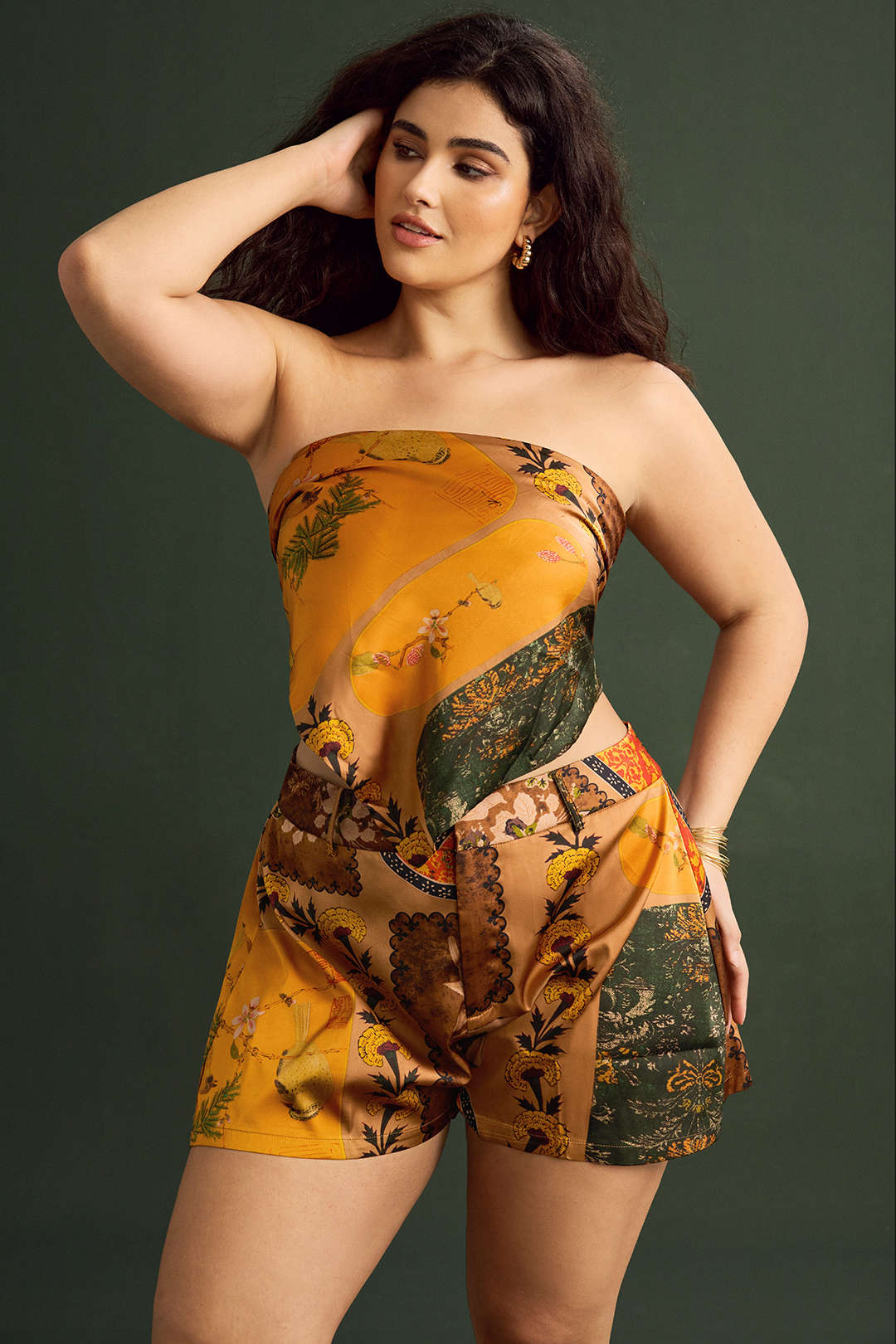 Plus Size Retro Print Satin Tie Front Tube Top - Weenar