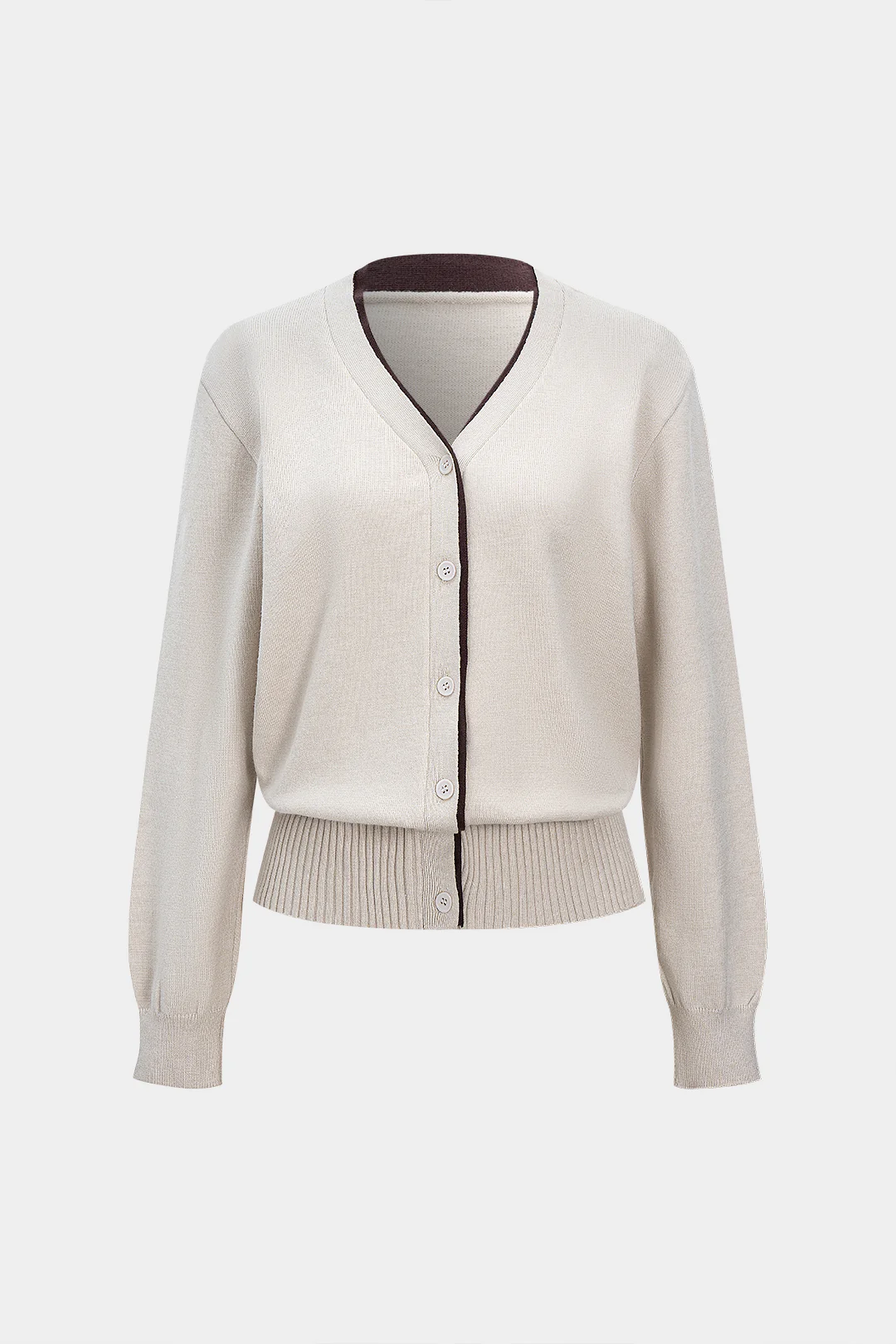 Knit Contrast Button V-Neck Long-Sleeve Top - Weenar