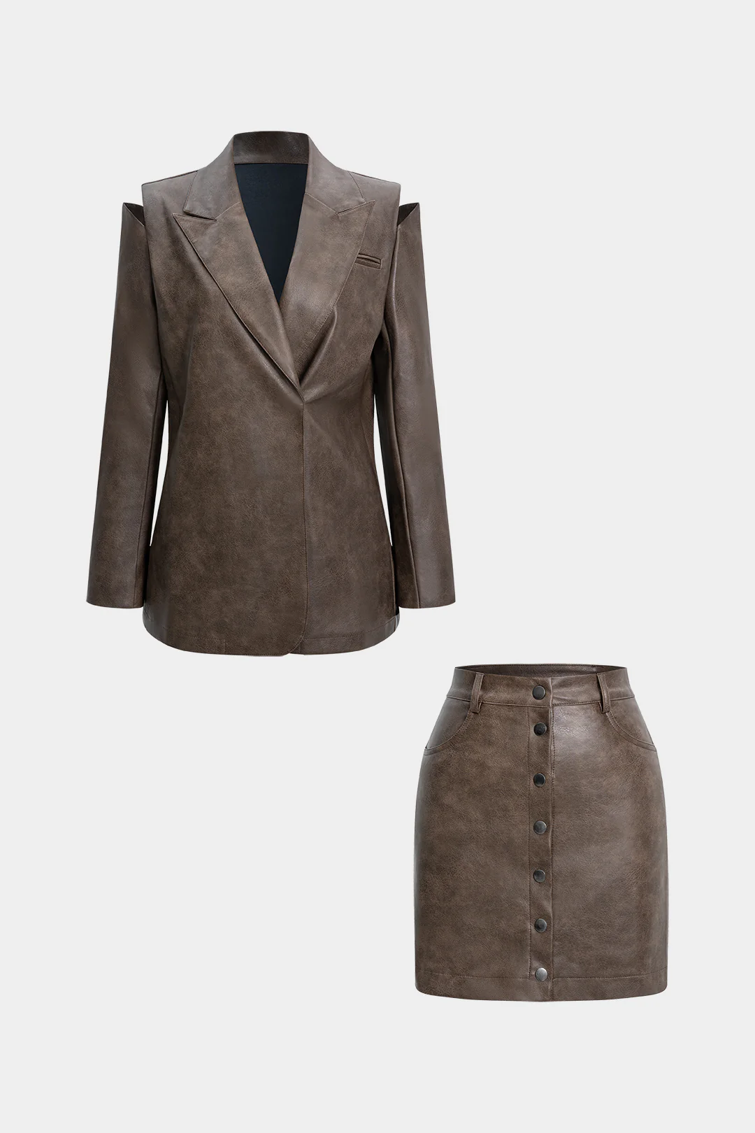Faux Leather Cut Out Jacket And Mini Skirt Set - Weenar