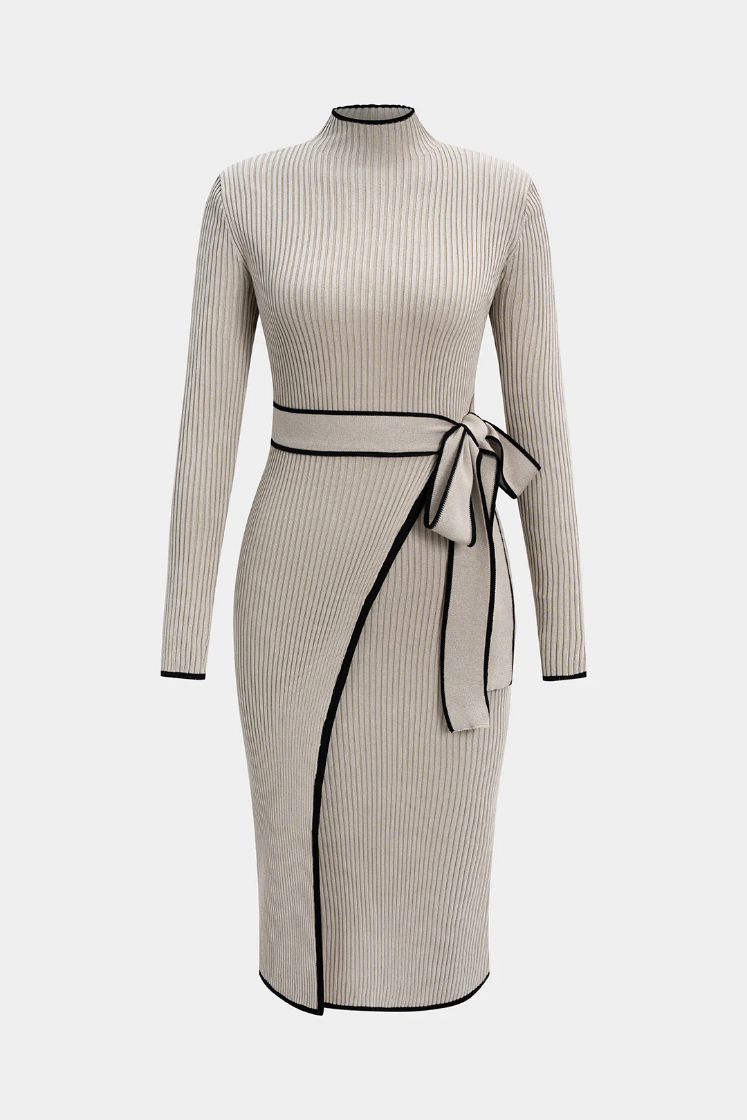 Knit Mock Neck Belted Long Sleeve Midi Dress - Weenar
