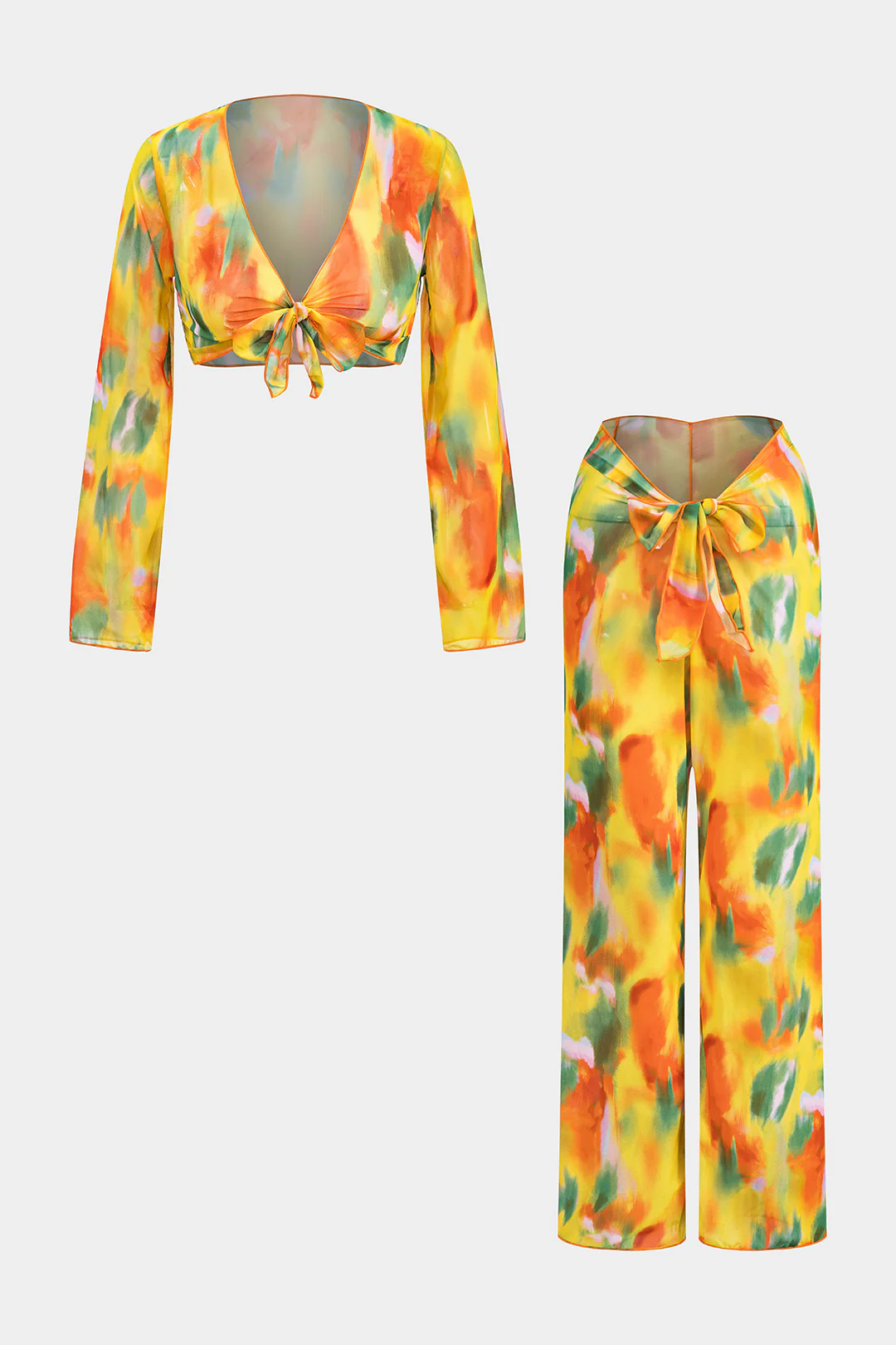 Watercolor Print Chiffon Tie Front Long Sleeve Top And Wide Leg Pants Set - Weenar