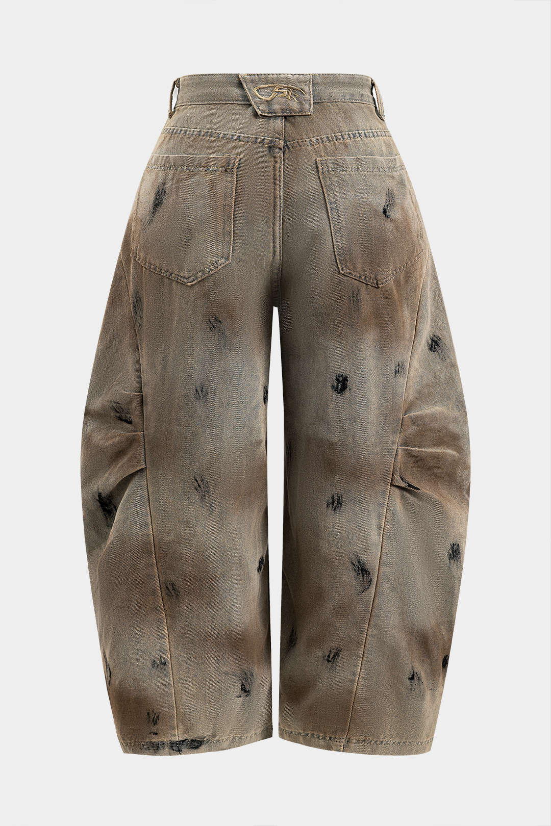 Plus Size Tie Dye Print Denim Ruched Button Pocket Wide Leg Jeans - Weenar