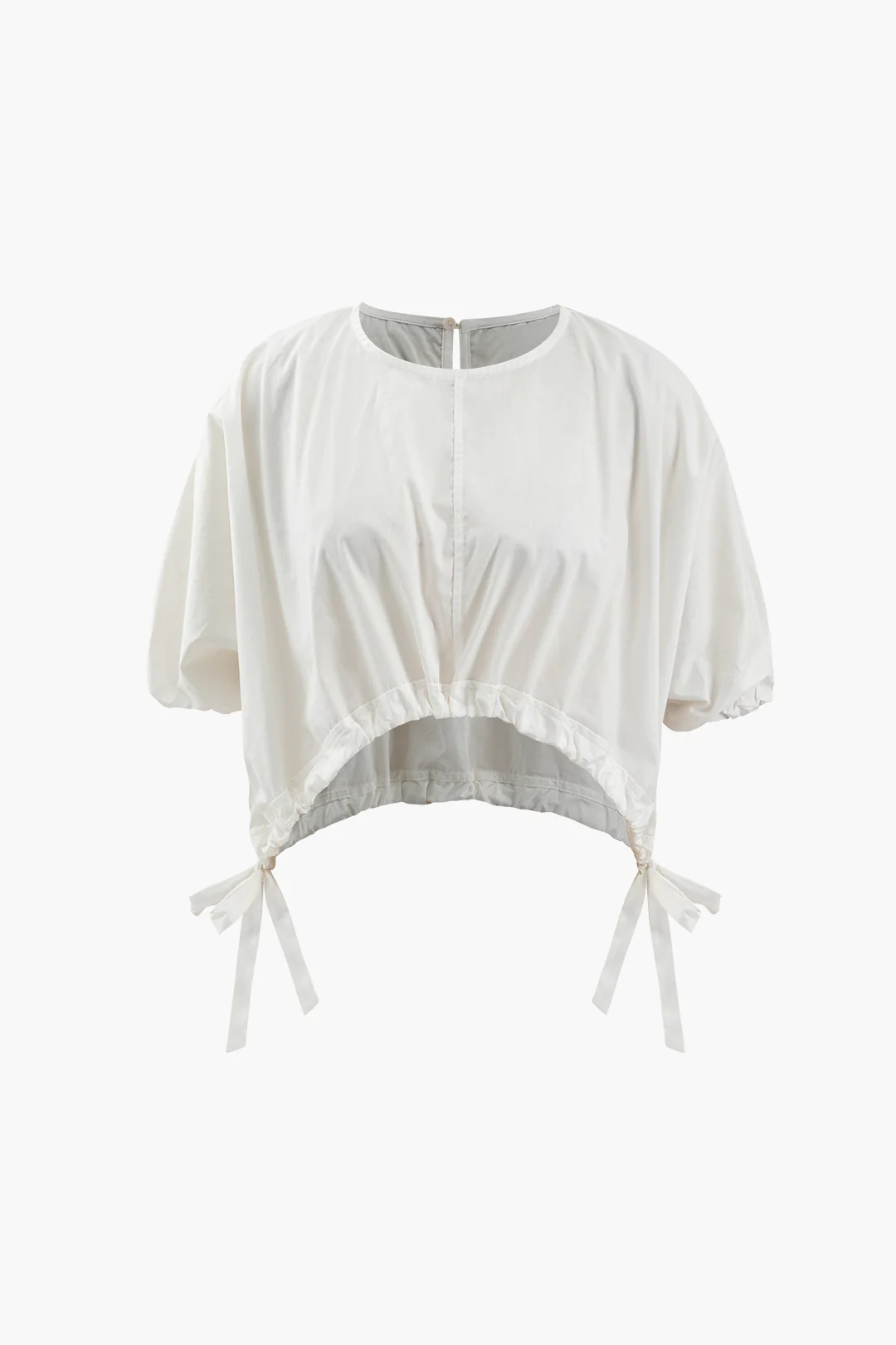 Solid Bow Drawstring Round Neck Short Sleeve T-Shirt - Weenar