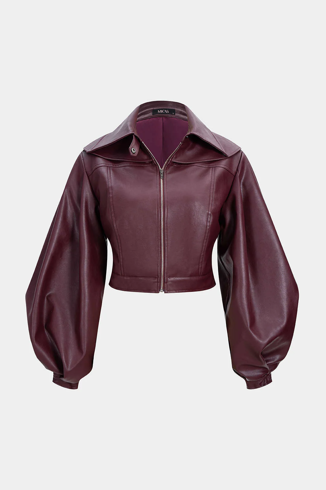 Faux Leather Puff Sleeve Zipper Jacket - Weenar