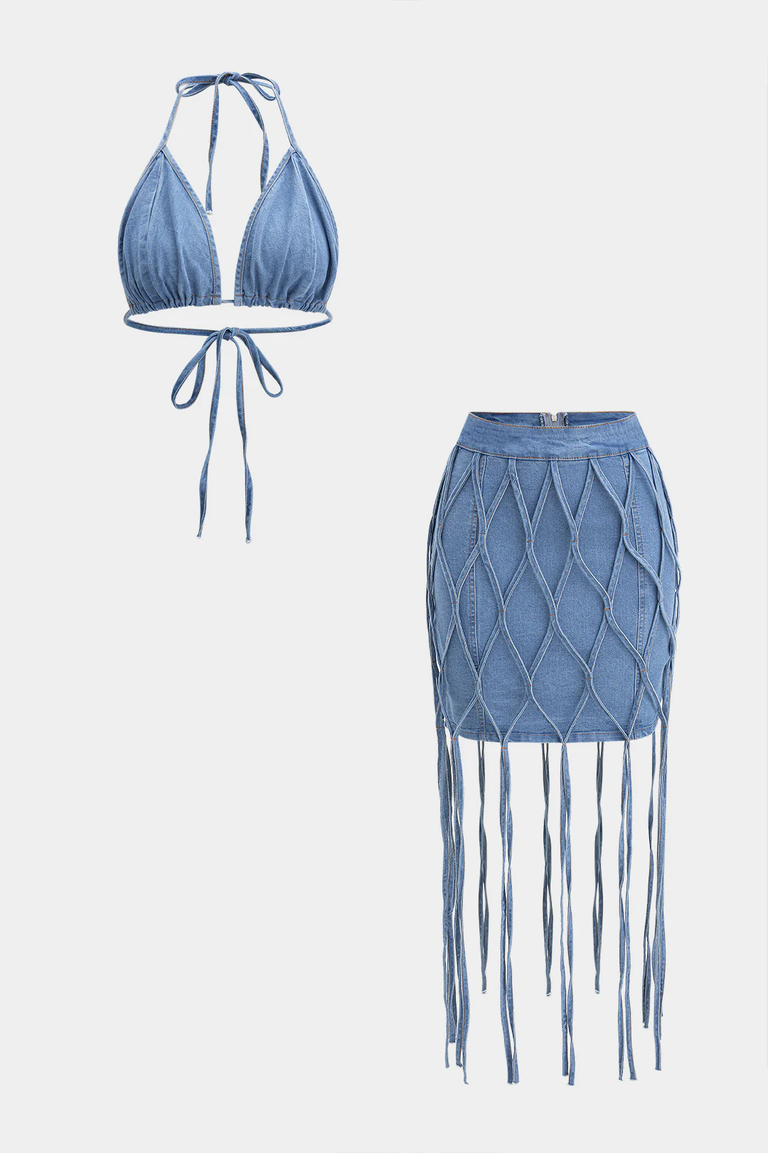 Denim Bra Top And Tie-Up Skirt Set - Weenar
