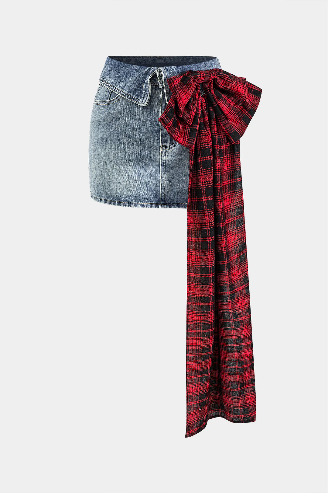 Denim Bow Patchwork Tie-Up Skirt - Weenar