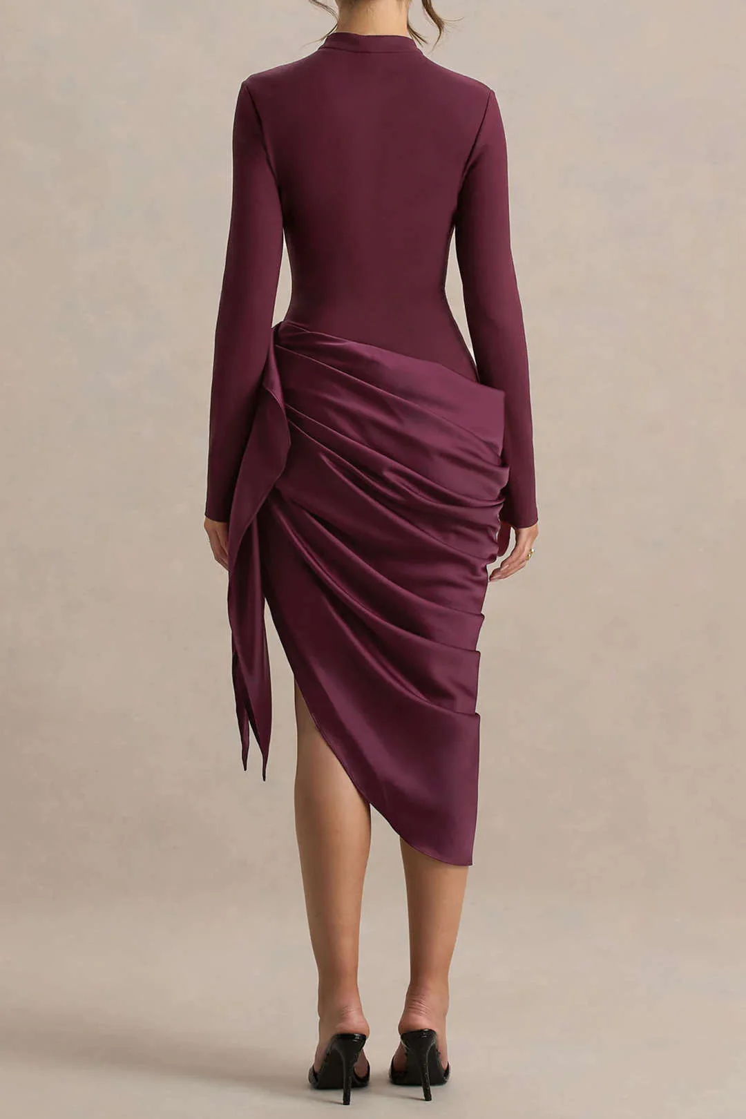 Satin Patchwork Ruched Asymmetrical Long Sleeve Midi Dress - Weenar