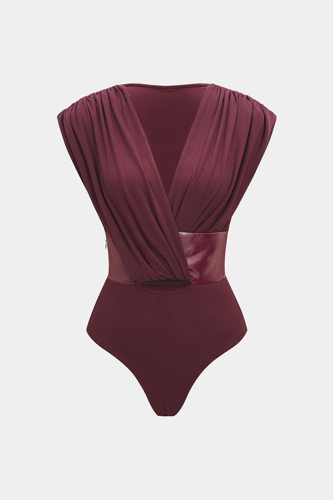 Faux Leather Patchwork V-Neck Hollow Out Sleeveless Bodysuit - Weenar