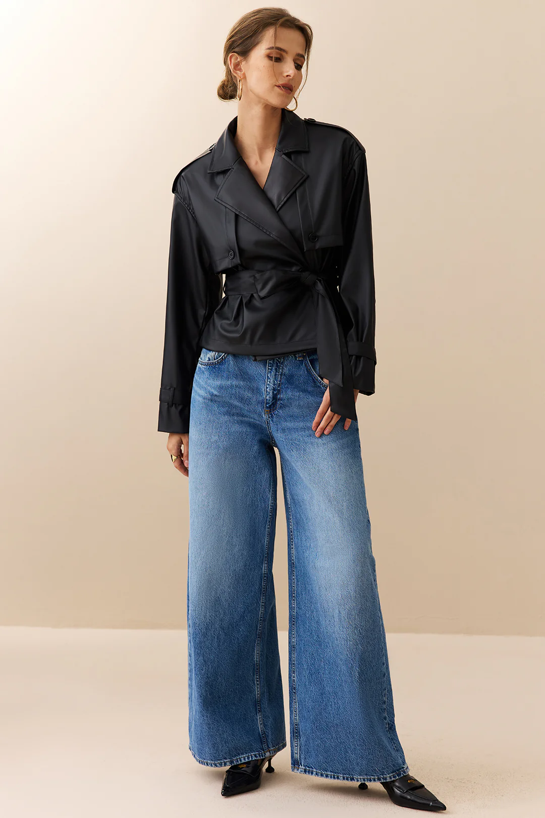 Faux Leather Belted Jacket - Weenar