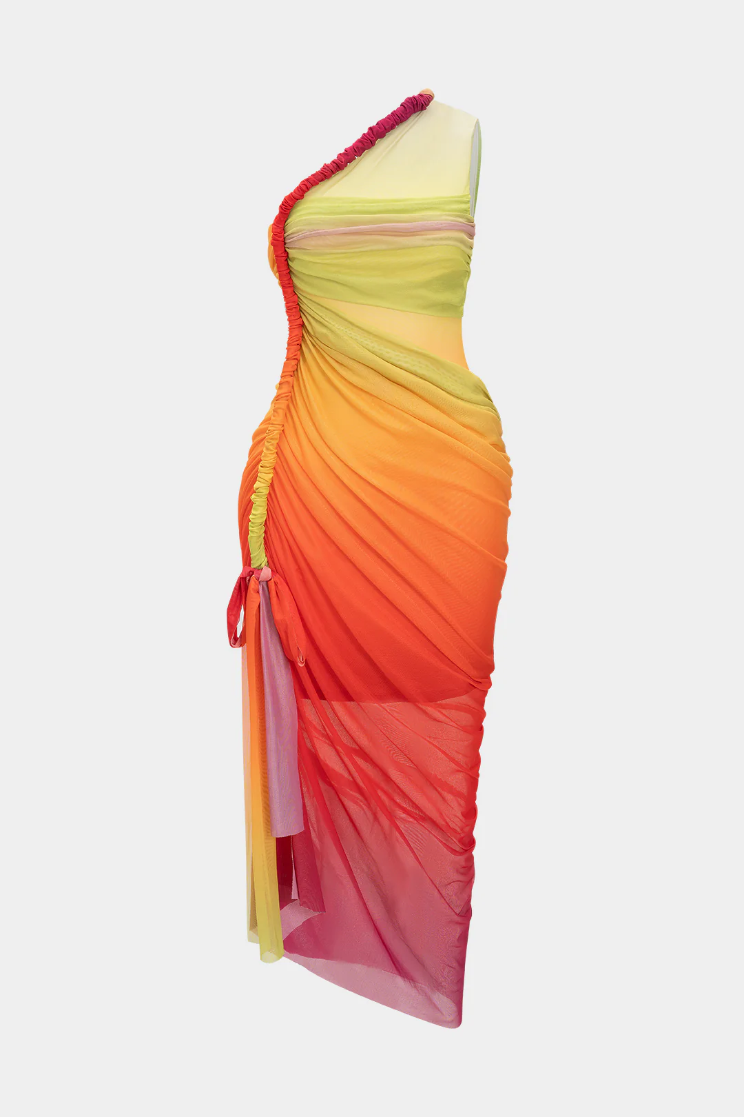 Ombre Print Twist Mesh One Shoulder Sleeveless Midi Dress - Weenar
