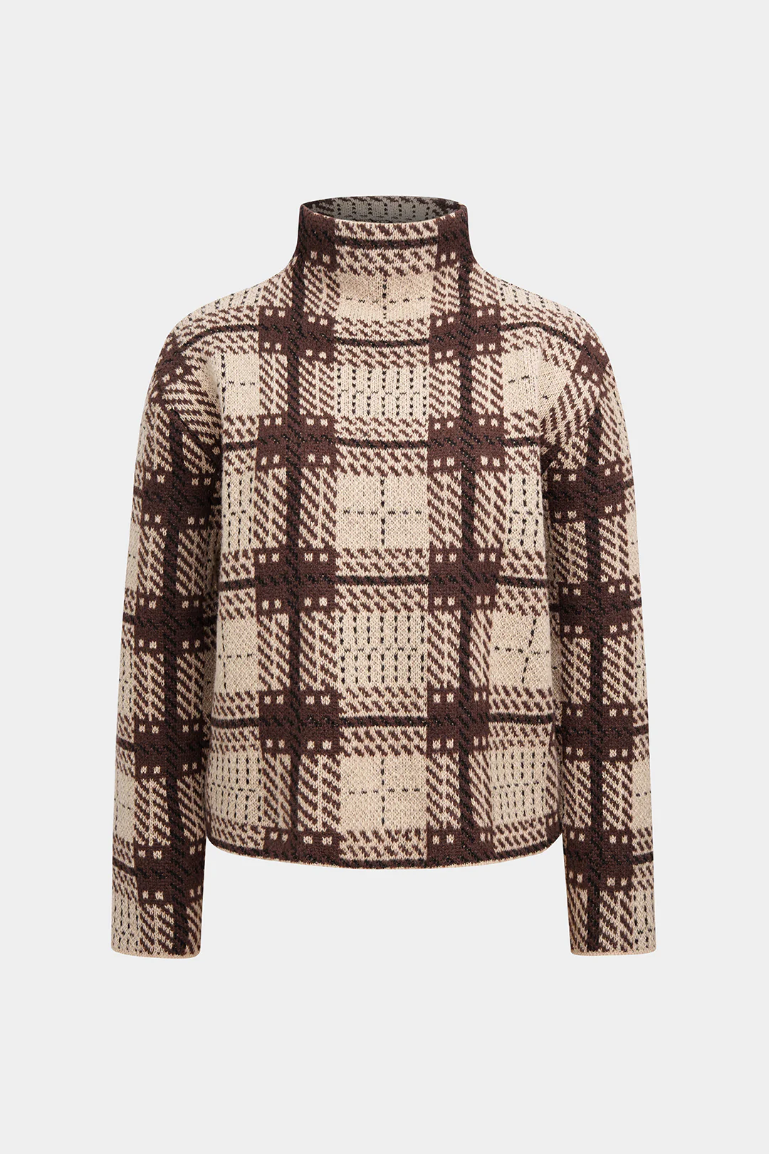 Knit Plaid Print Mock Neck Long-Sleeve Top - Weenar