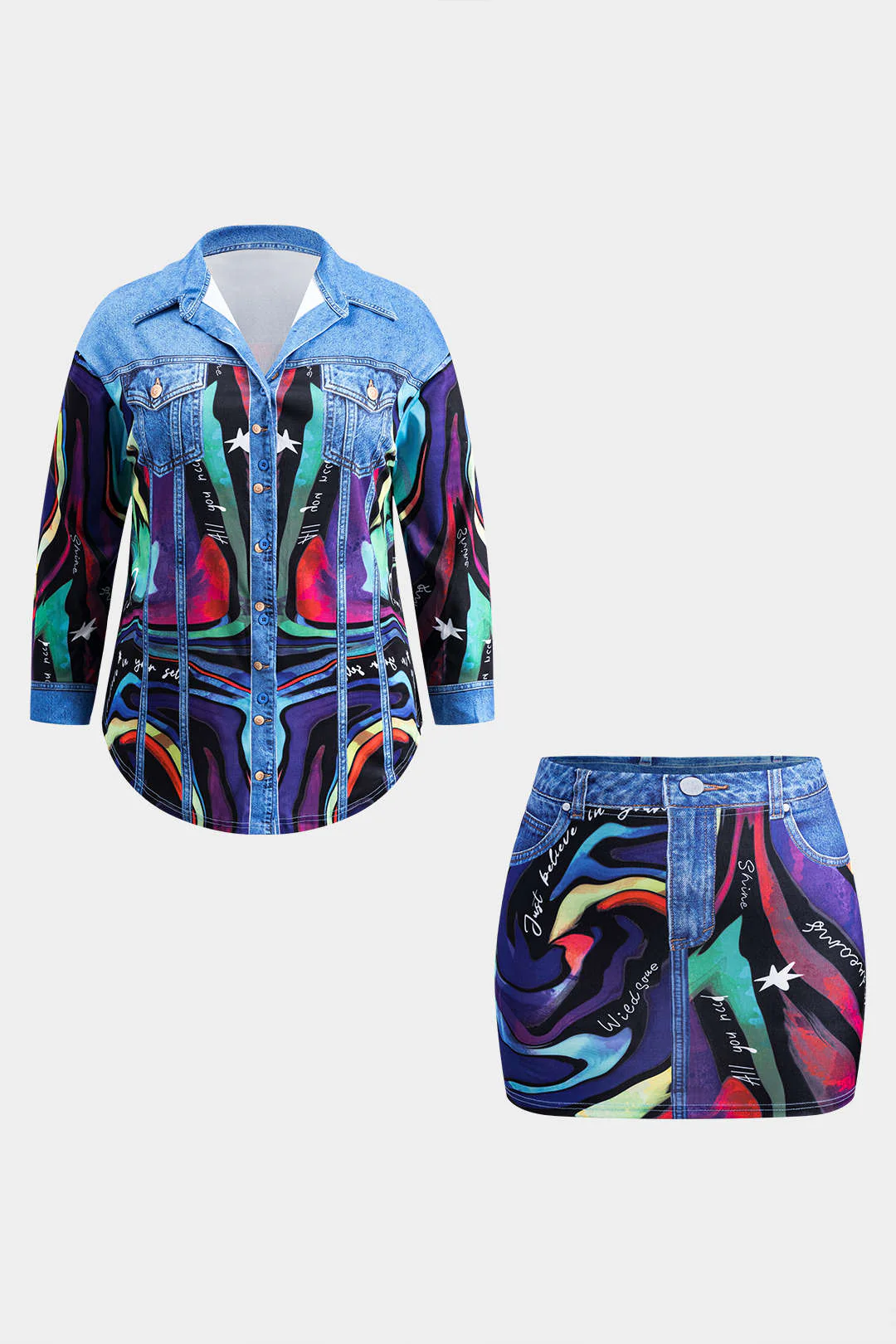 Plus Size Abstract Letter Print Button Pocket Long Sleeve Shirt And Skirt Set - Weenar