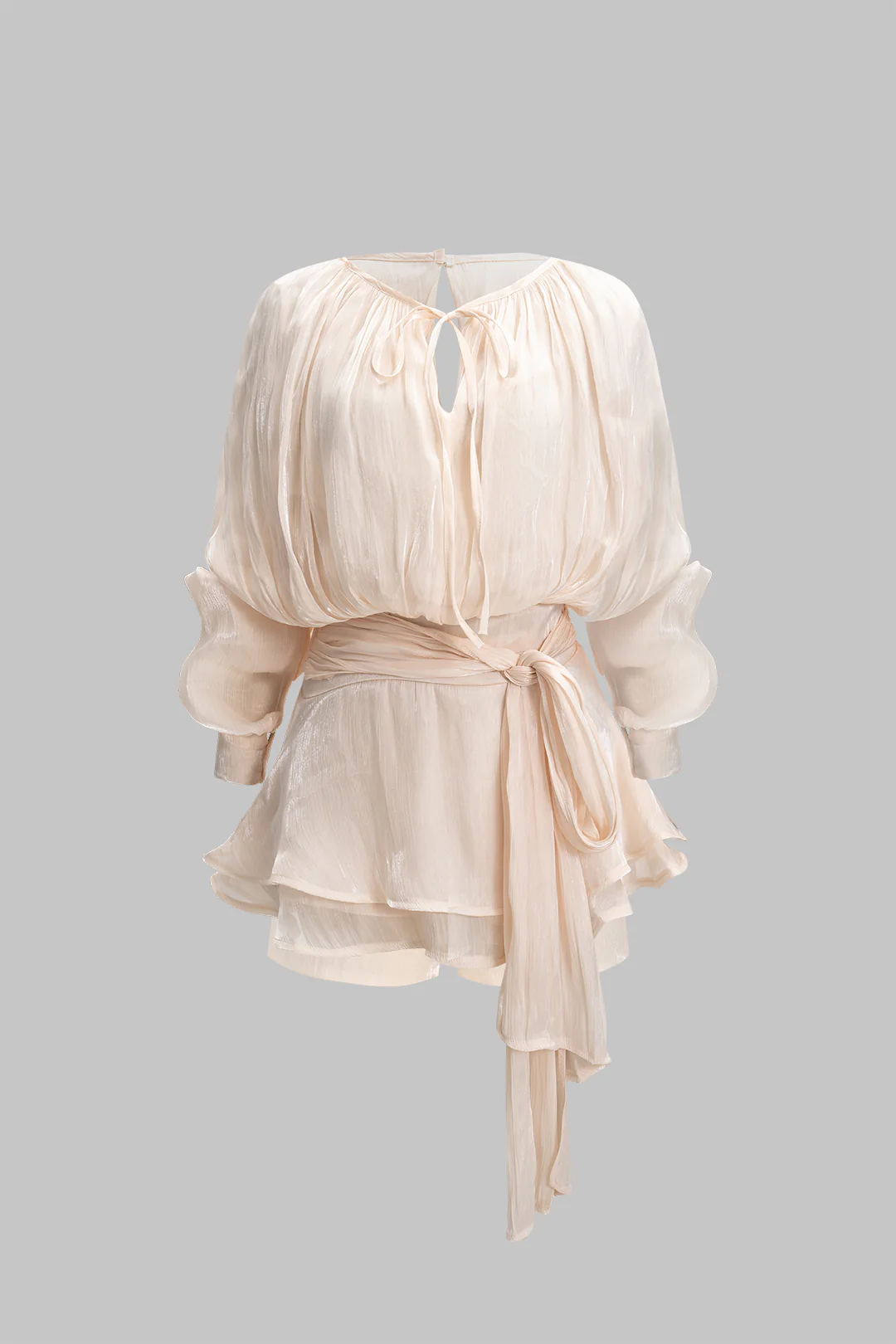 Chiffon Ruched Ruffle Long Sleeve Mini Dress - Weenar