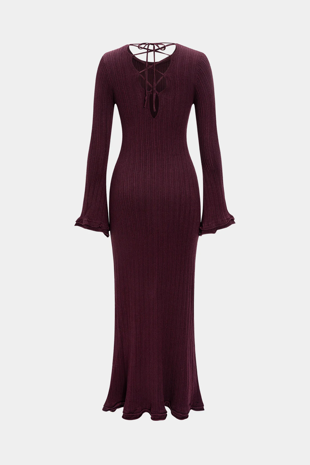 Knit Round Neck Tie-Back Scallop Edge Long Sleeve Dress - Weenar