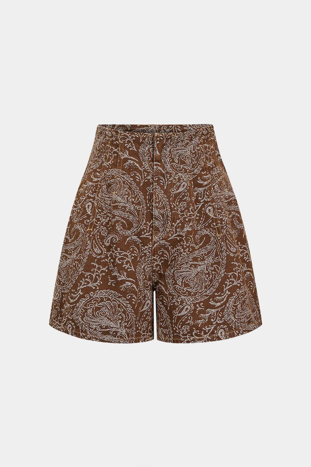 Paisley Print Denim Zipper Wide Leg Pocket Shorts - Weenar