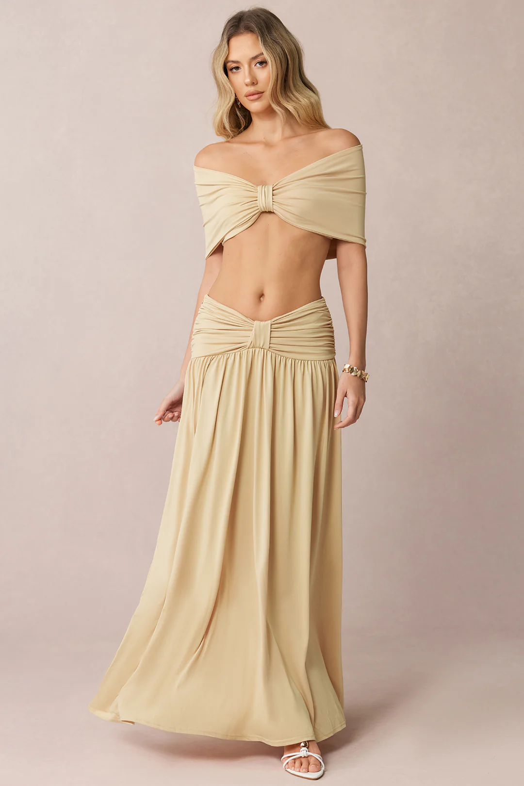 Ruched Off-Shoulde Top And Skirt Set - Weenar