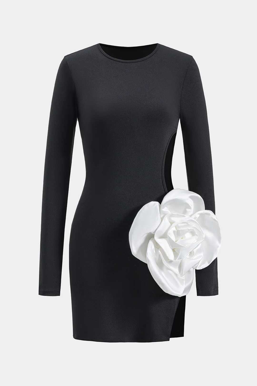 3D Floral Decor Round Neck Cut Out Long Sleeve Mini Dress - Weenar
