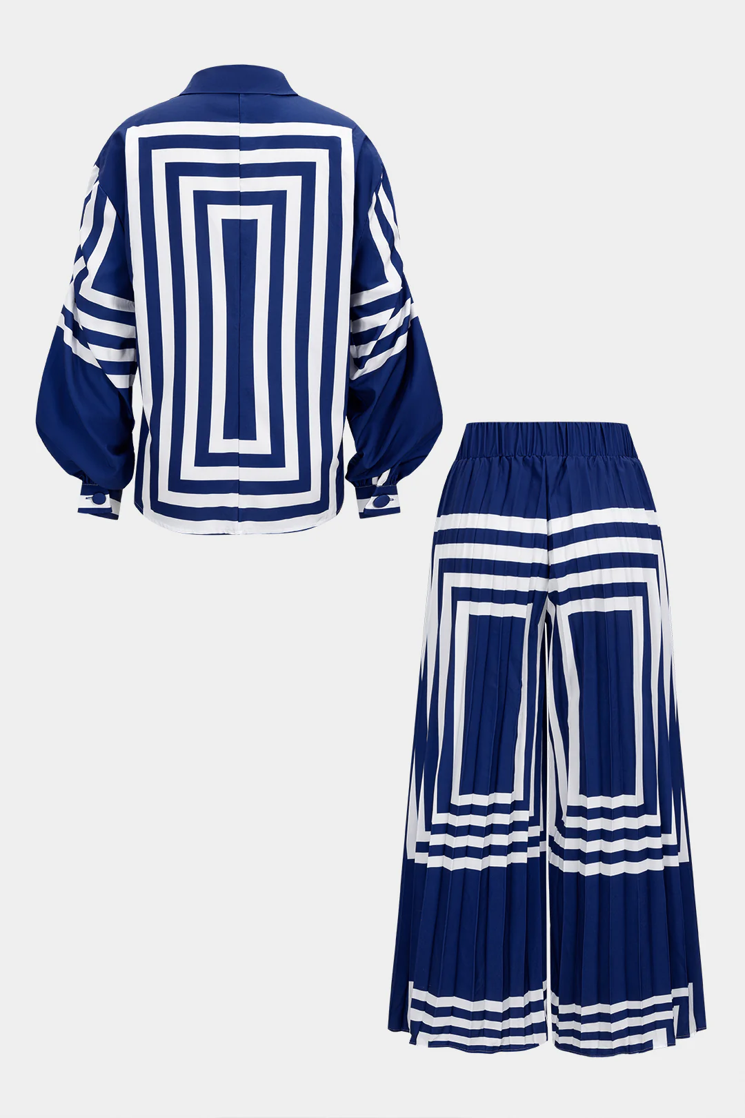 Plus Size Stripes Print Tie-Up Long-Sleeve Shirt And Pleated Wide Leg Pants Set - Weenar