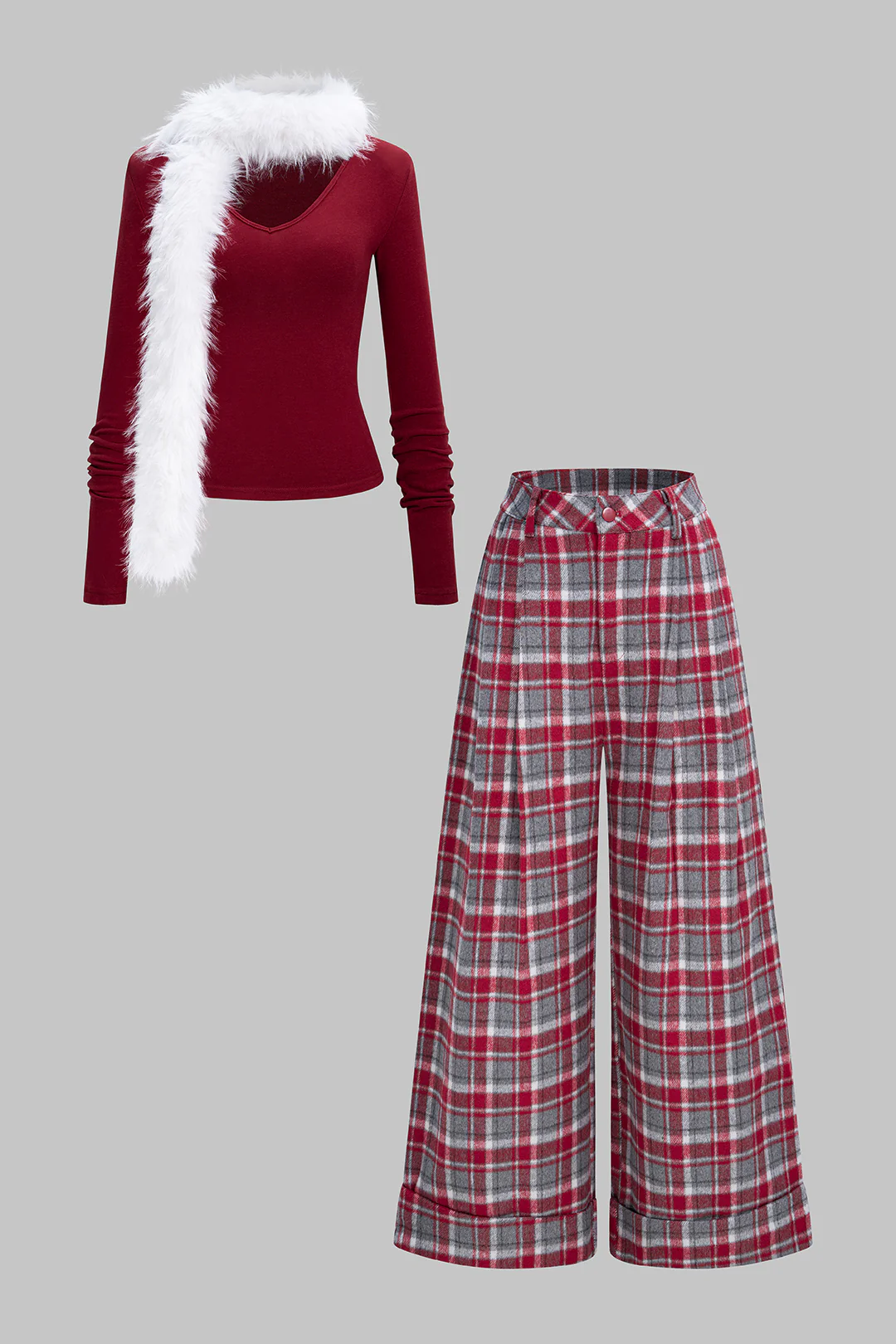 Solid V-Neck Long Sleeve Top And Plaid Print Wide Leg Pants Set With Scarf - Weenar