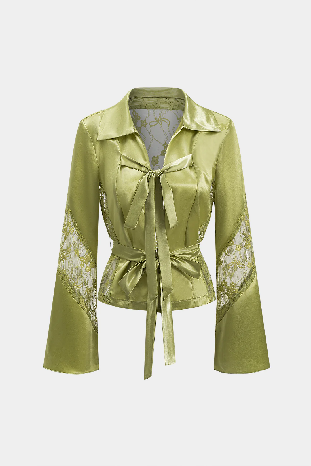 Satin Patchwork Tie Front Bell Sleeve Long-Sleeve Shirt - Weenar