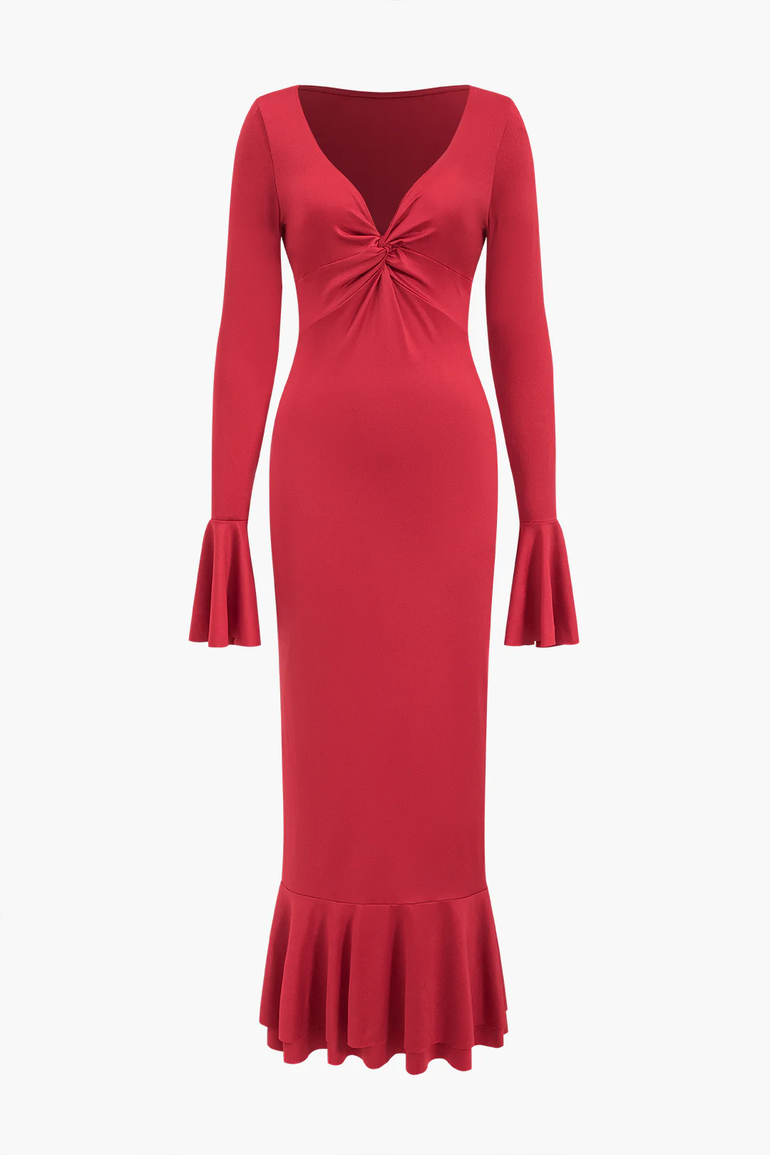V-Neck Twist Knot Ruched Ruffle Long Sleeve Maxi Dress - Weenar