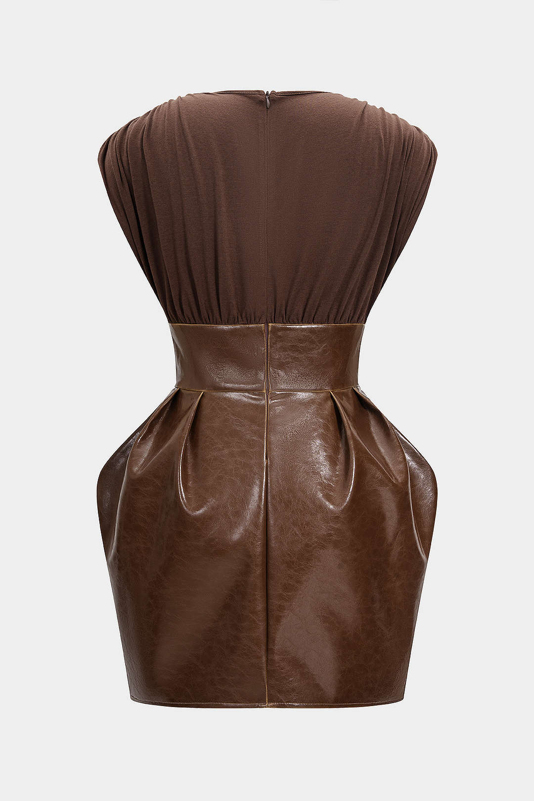 Faux Leather Patchwork V-Neck Ruched Sleeveless Mini Dress - Weenar