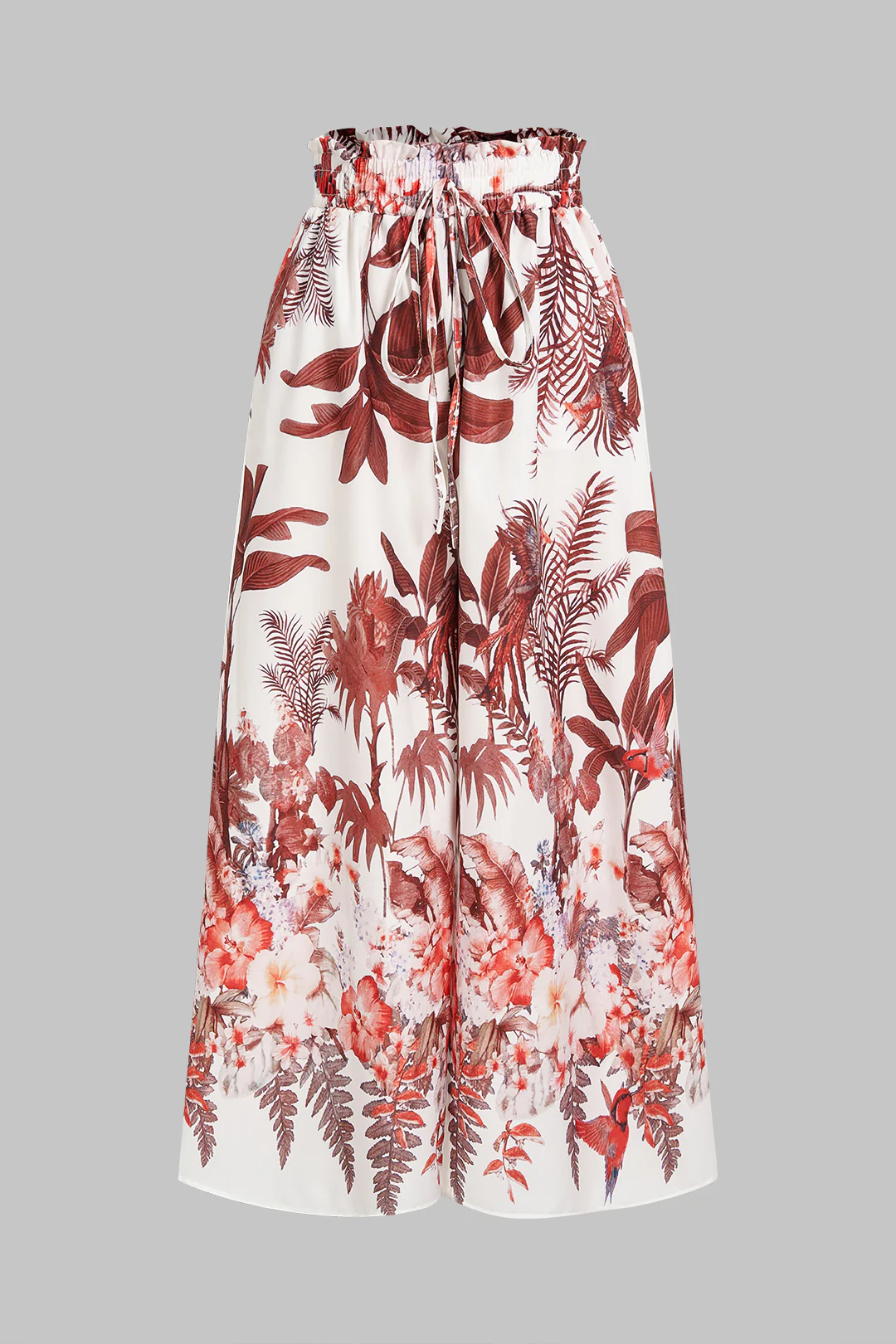 Floral Leaves Print Drawstring Pocket Wide Leg Pants - Weenar