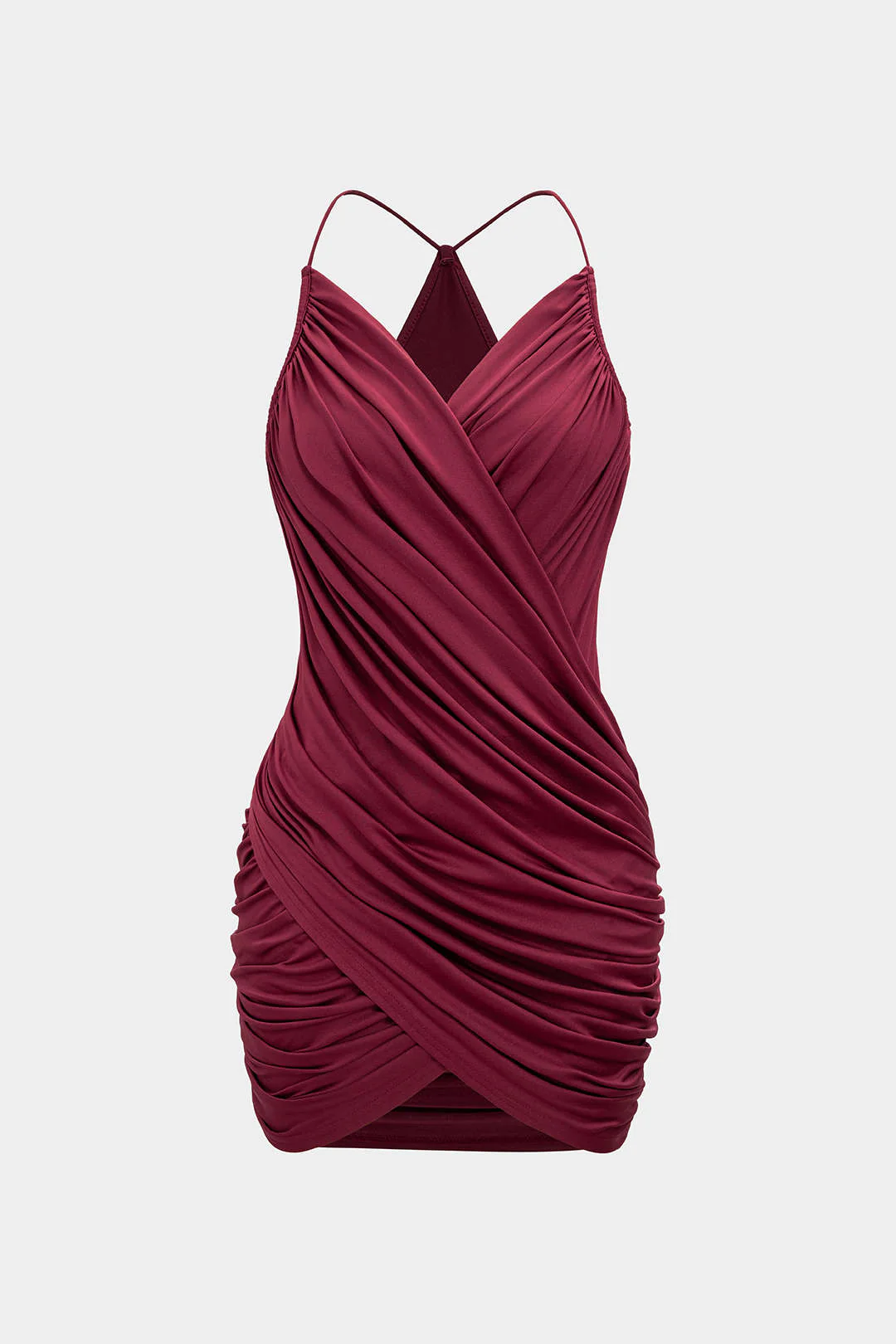 Crossed V-Neck Backless Ruched Sleeveless Mini Dress - Weenar